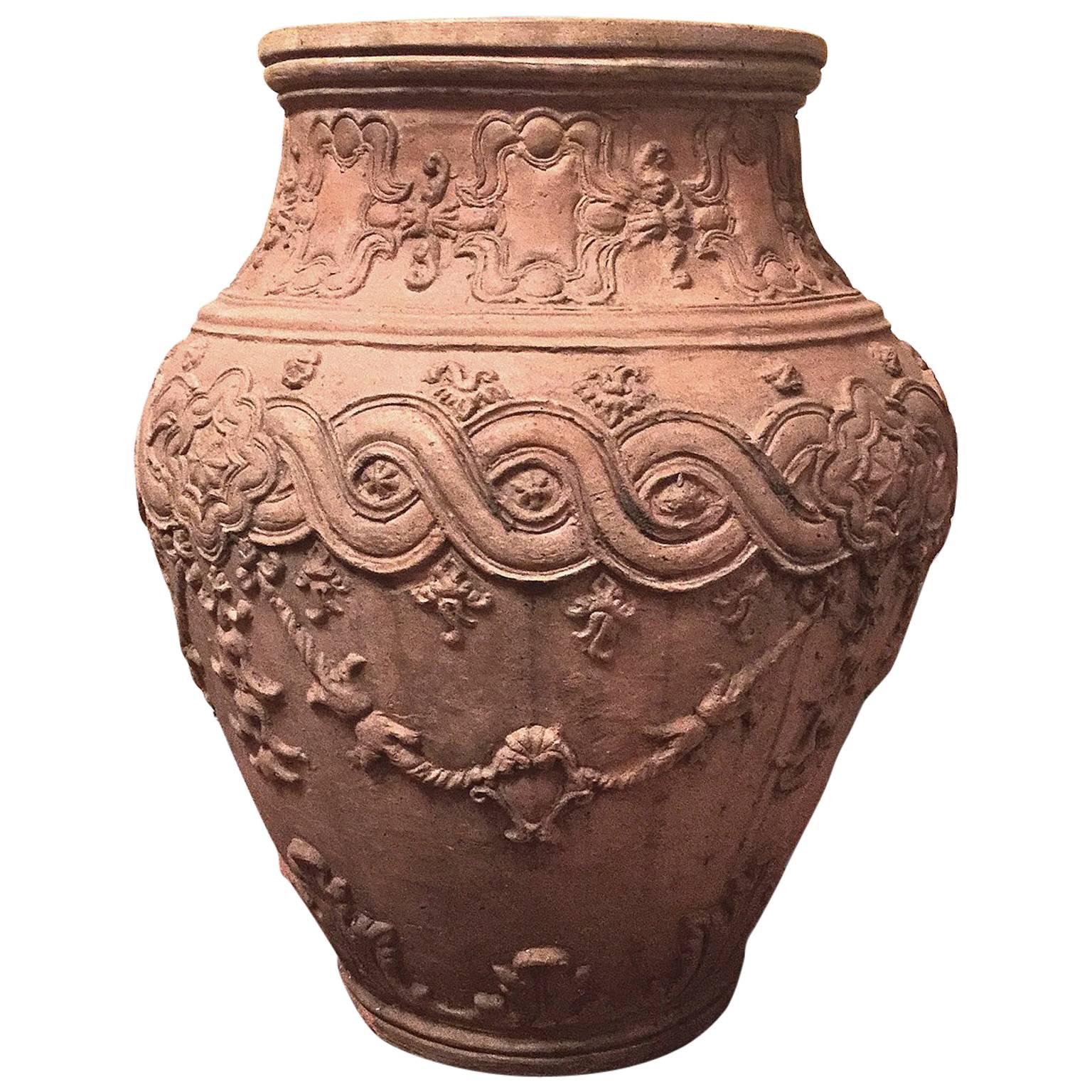 18th Century Italian Naples Outdoor Carvin Terracotta Antique Jar For Sale