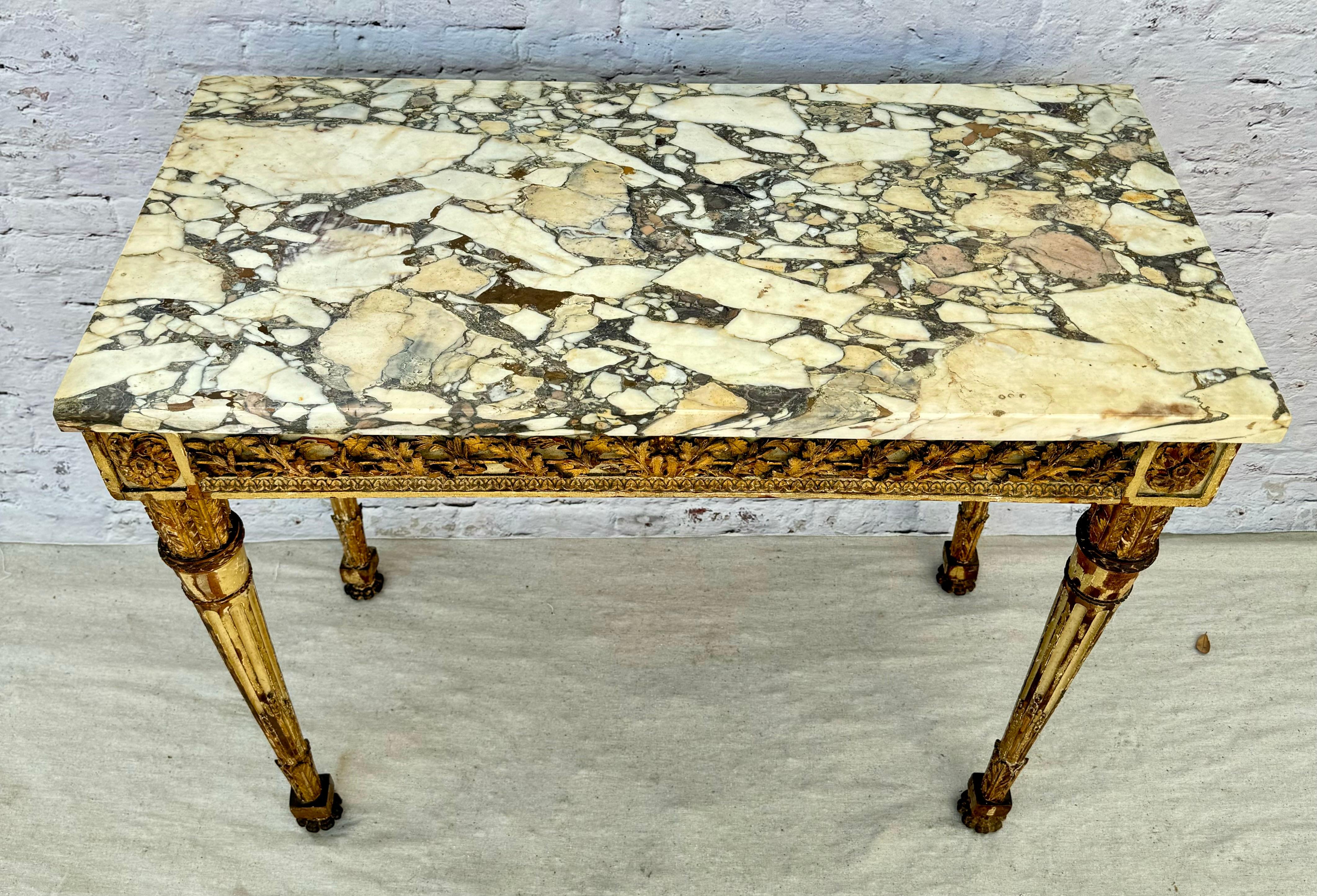 Neoclassical 18th Century Italian Neoclassic Giltwood Carved Console Table Breche Marble Top