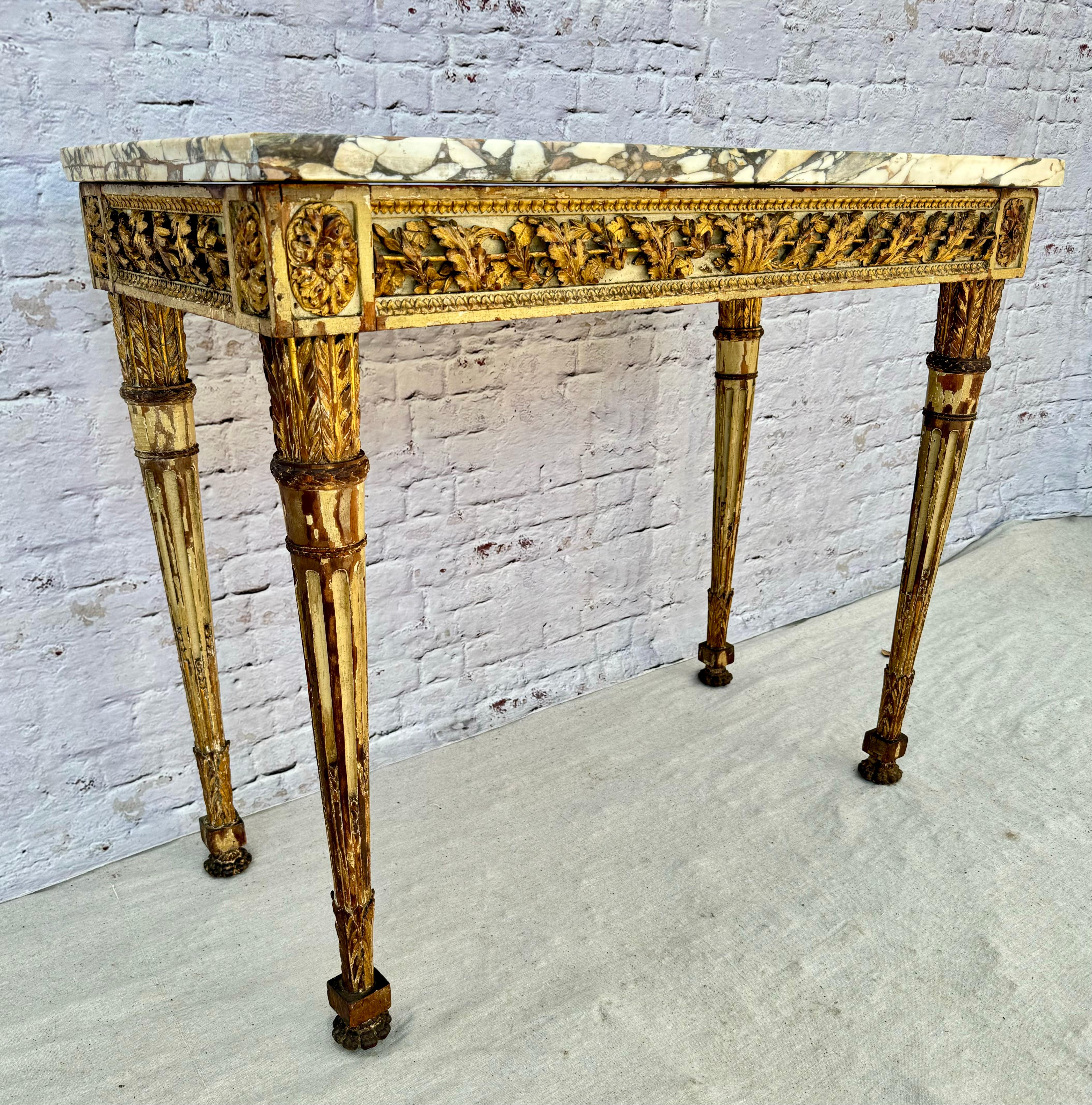 18th Century and Earlier 18th Century Italian Neoclassic Giltwood Carved Console Table Breche Marble Top