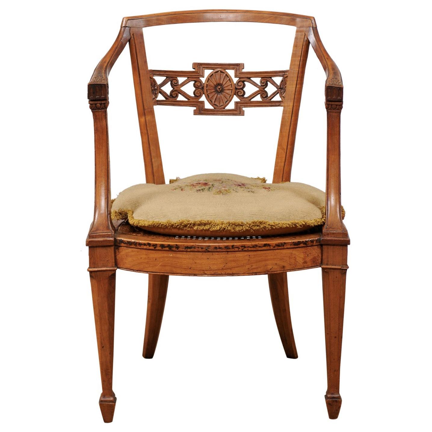 18th Century Italian Neoclassical Arm Chair in Fruitwood with Cane Seat