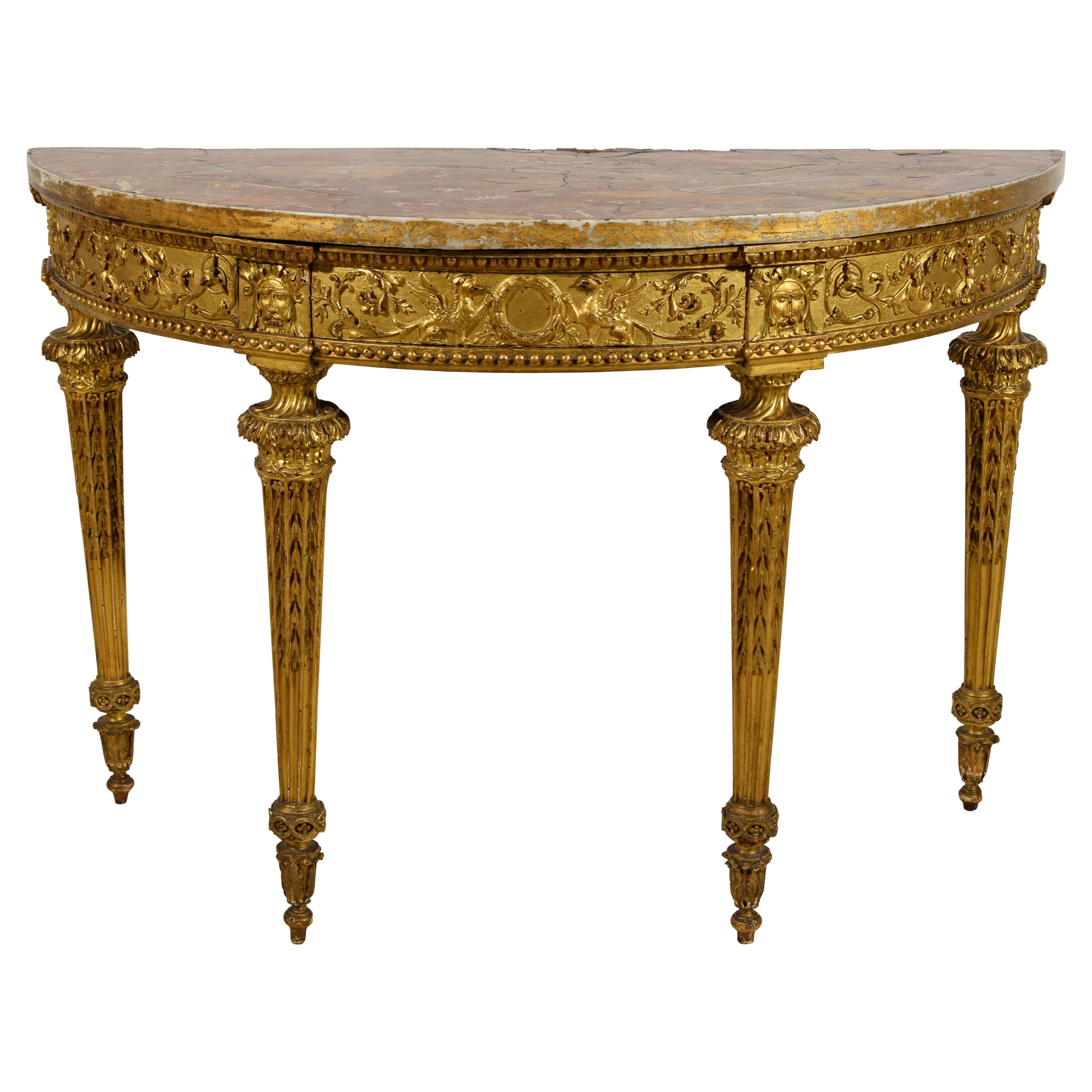 18th Century, Italian Neoclassical Carved Giltwood Demi-lune Console