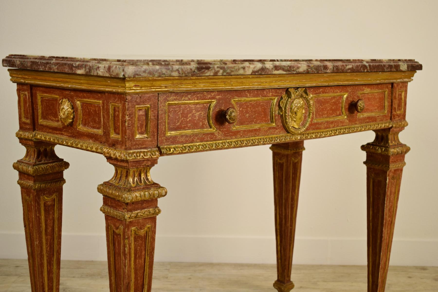 18th Century, Italian Neoclassical Gilded and Red Lacquered Wood with Marble Top 7