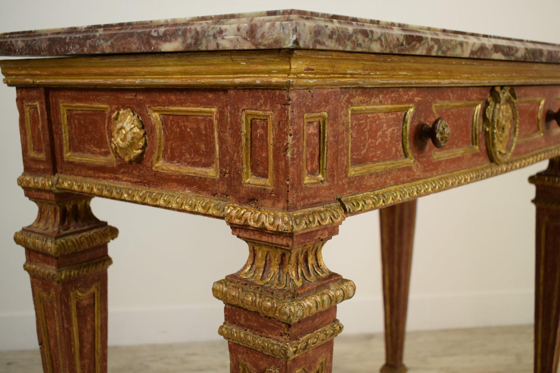 18th Century, Italian Neoclassical Gilded and Red Lacquered Wood with Marble Top 9