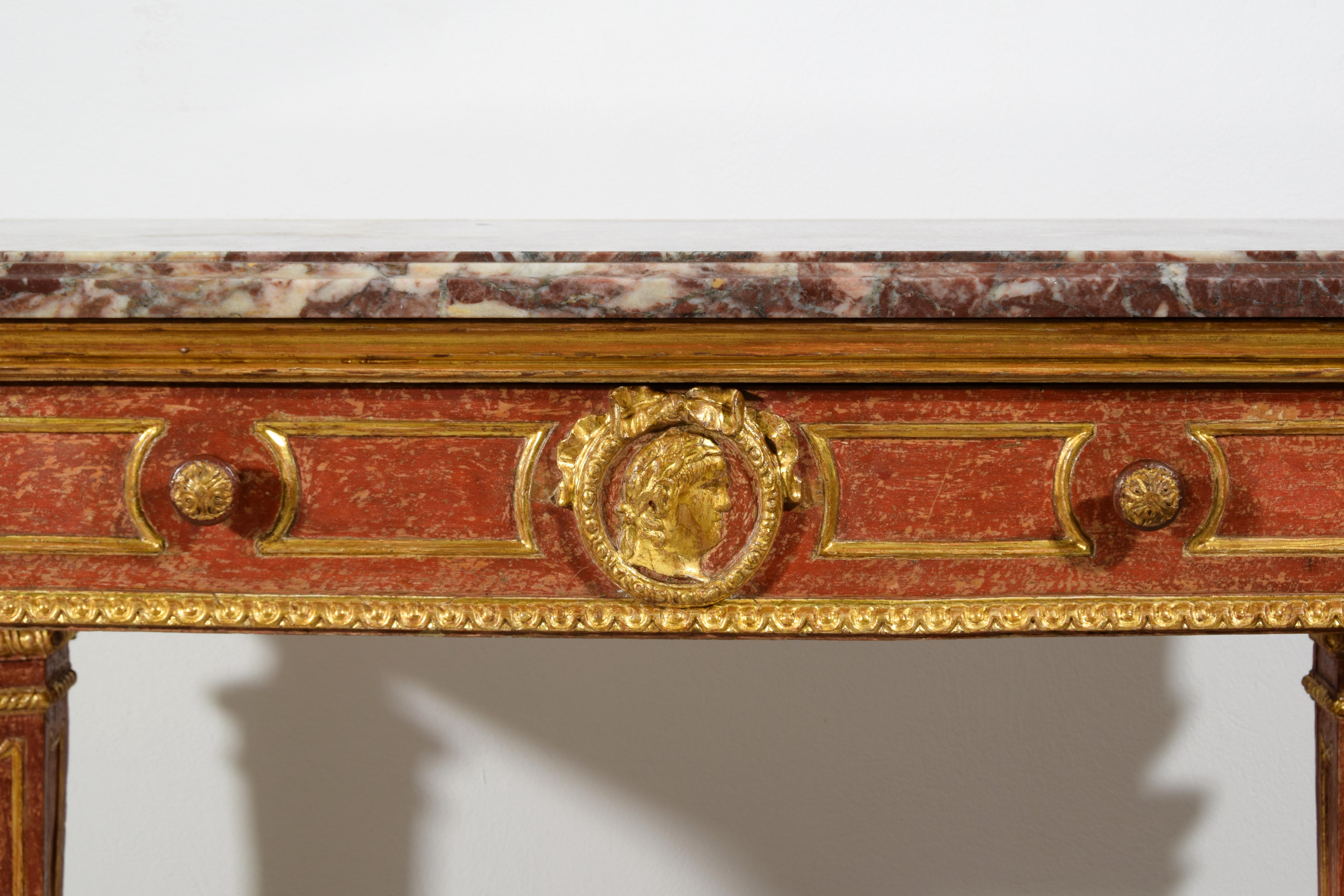 18th Century, Italian Neoclassical Gilded and Red Lacquered Wood with Marble Top For Sale 10