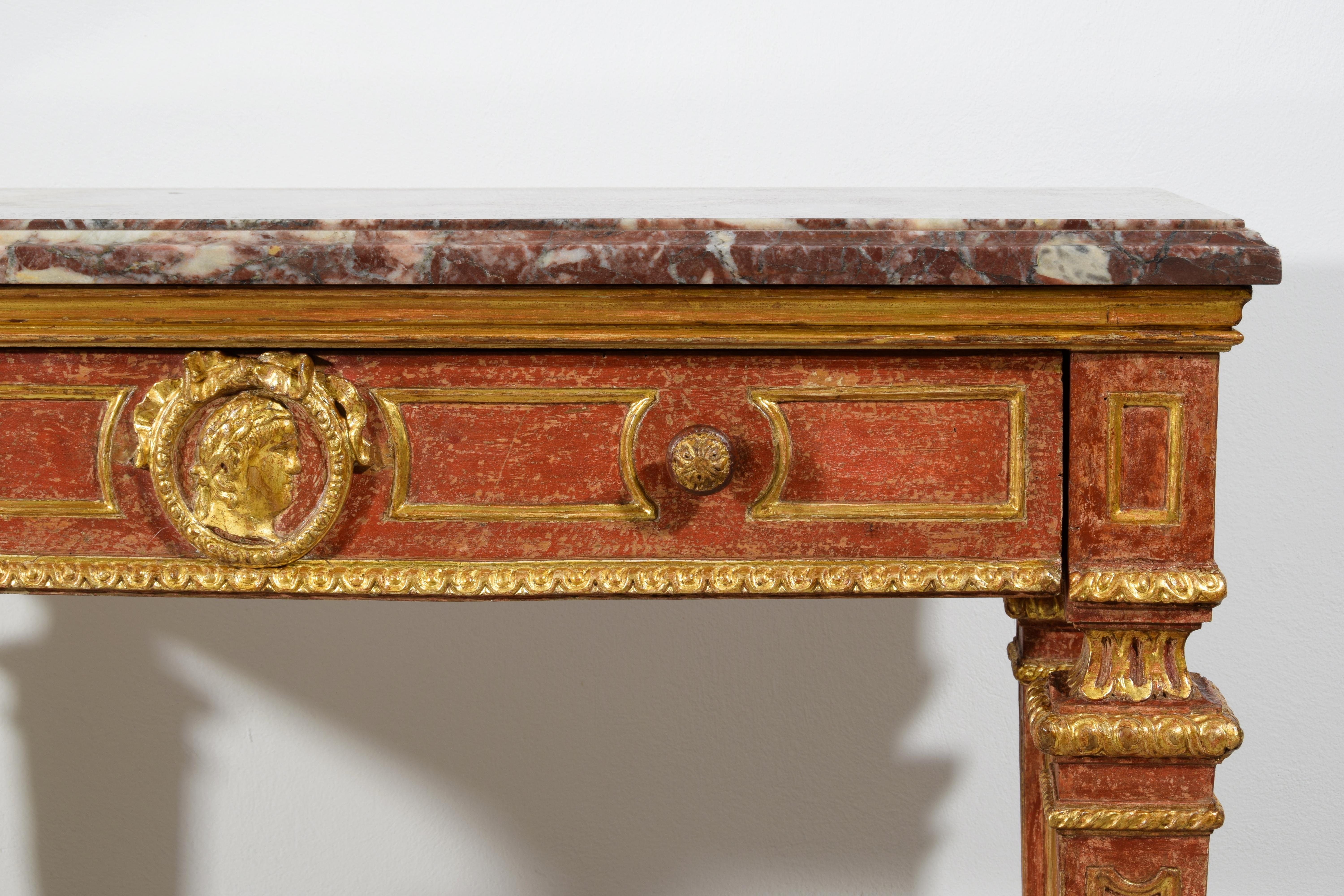 18th Century, Italian Neoclassical Gilded and Red Lacquered Wood with Marble Top For Sale 11