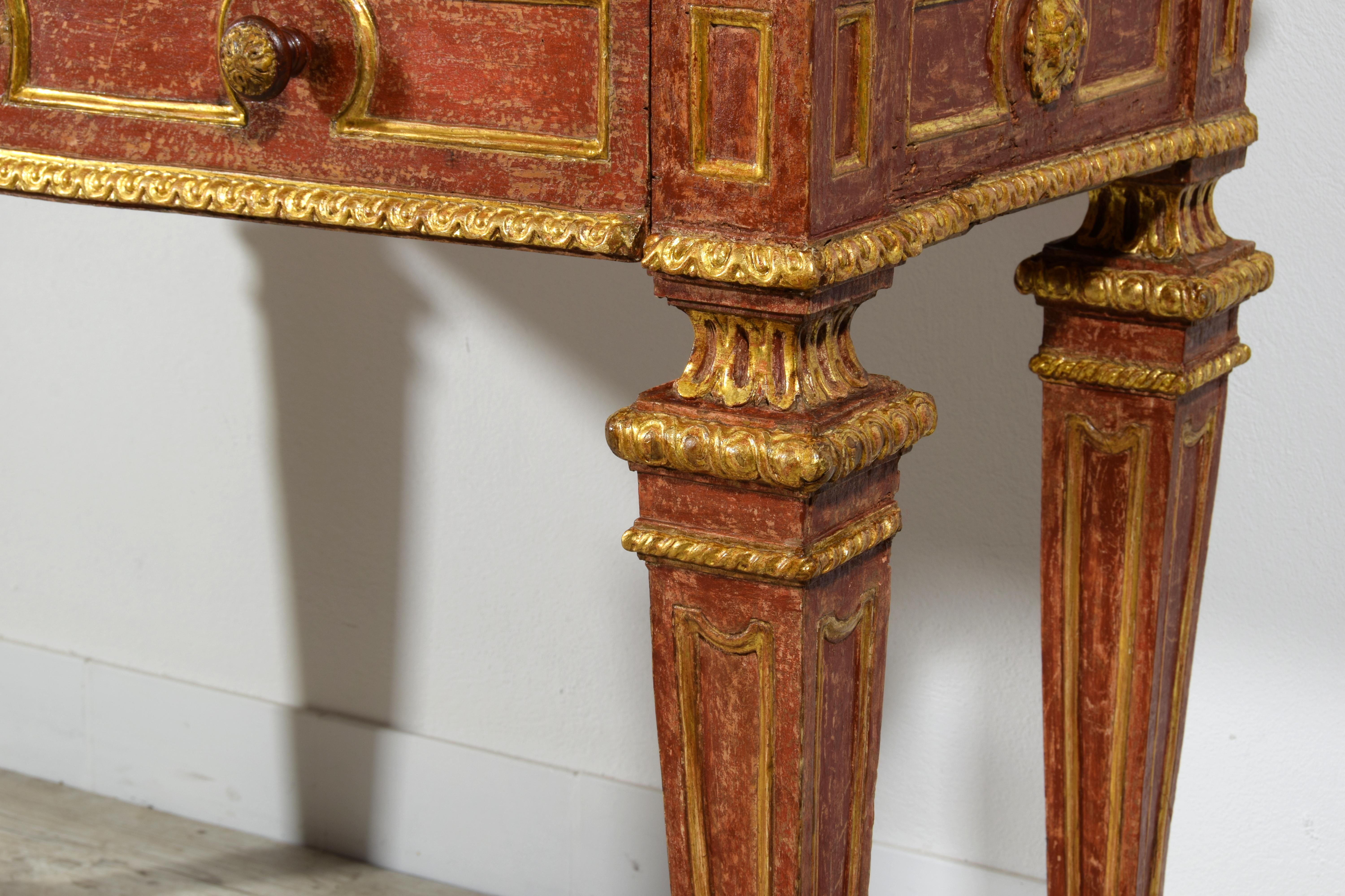 18th Century, Italian Neoclassical Gilded and Red Lacquered Wood with Marble Top For Sale 12