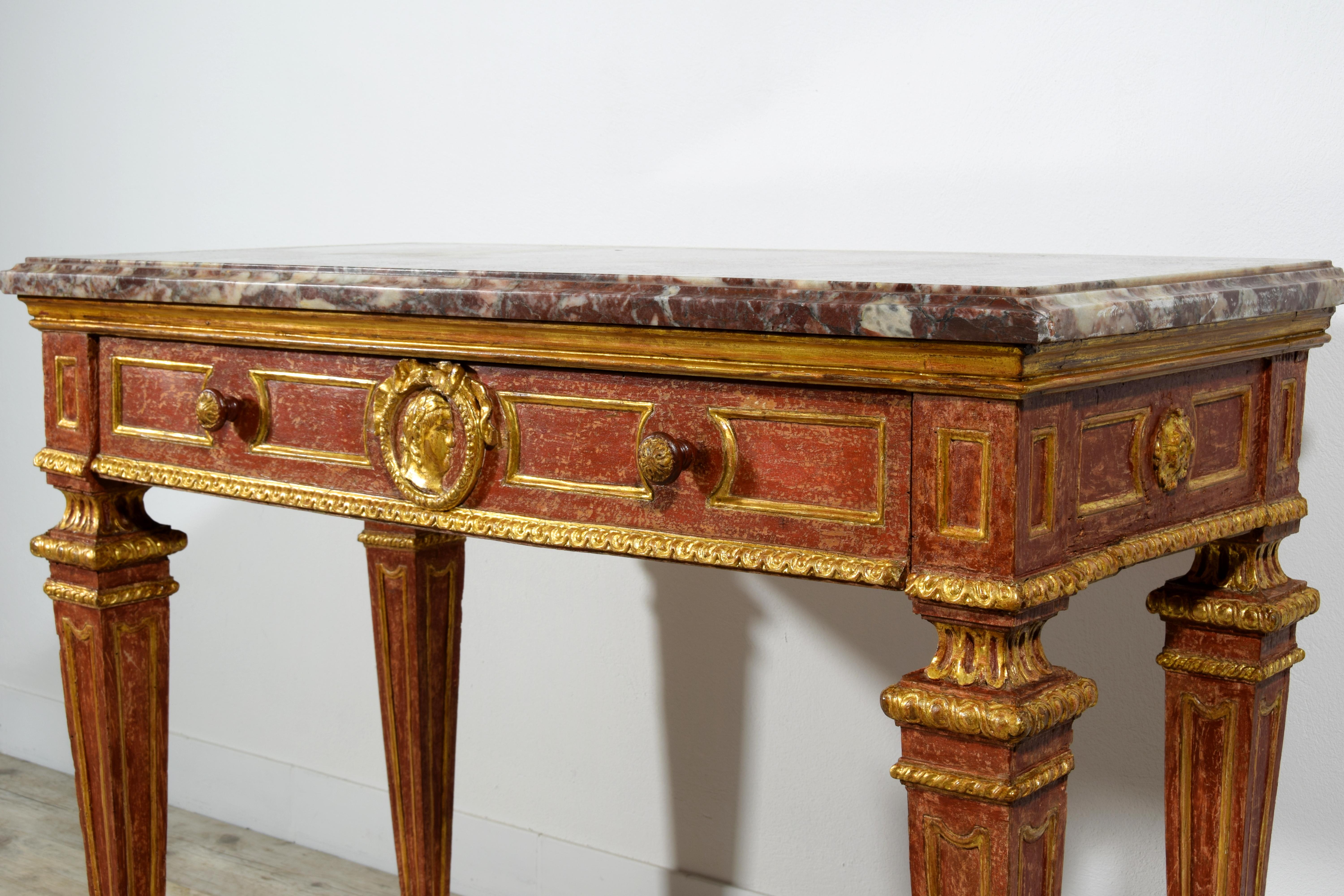 18th Century, Italian Neoclassical Gilded and Red Lacquered Wood with Marble Top For Sale 13