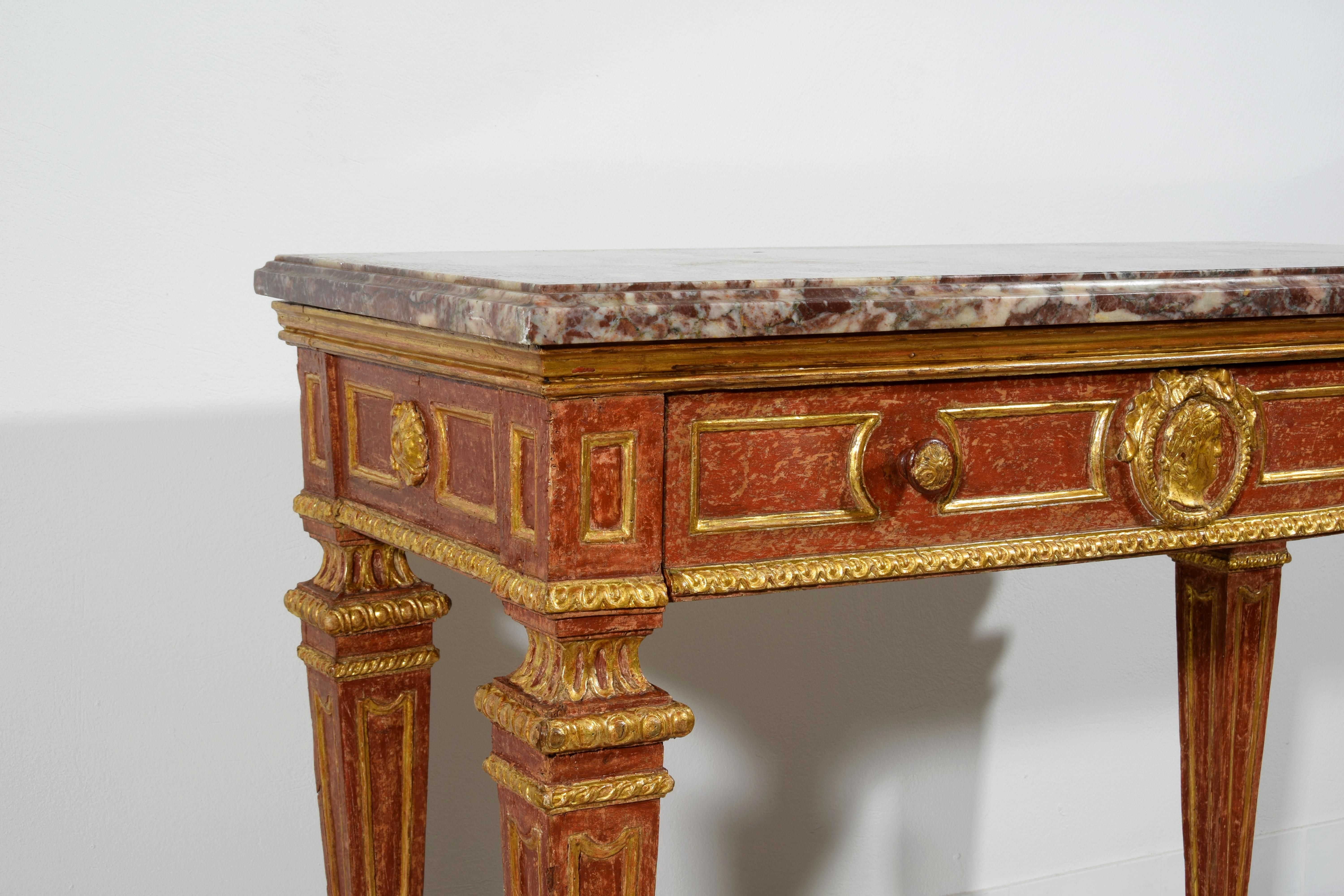 18th Century, Italian Neoclassical Gilded and Red Lacquered Wood with Marble Top For Sale 14