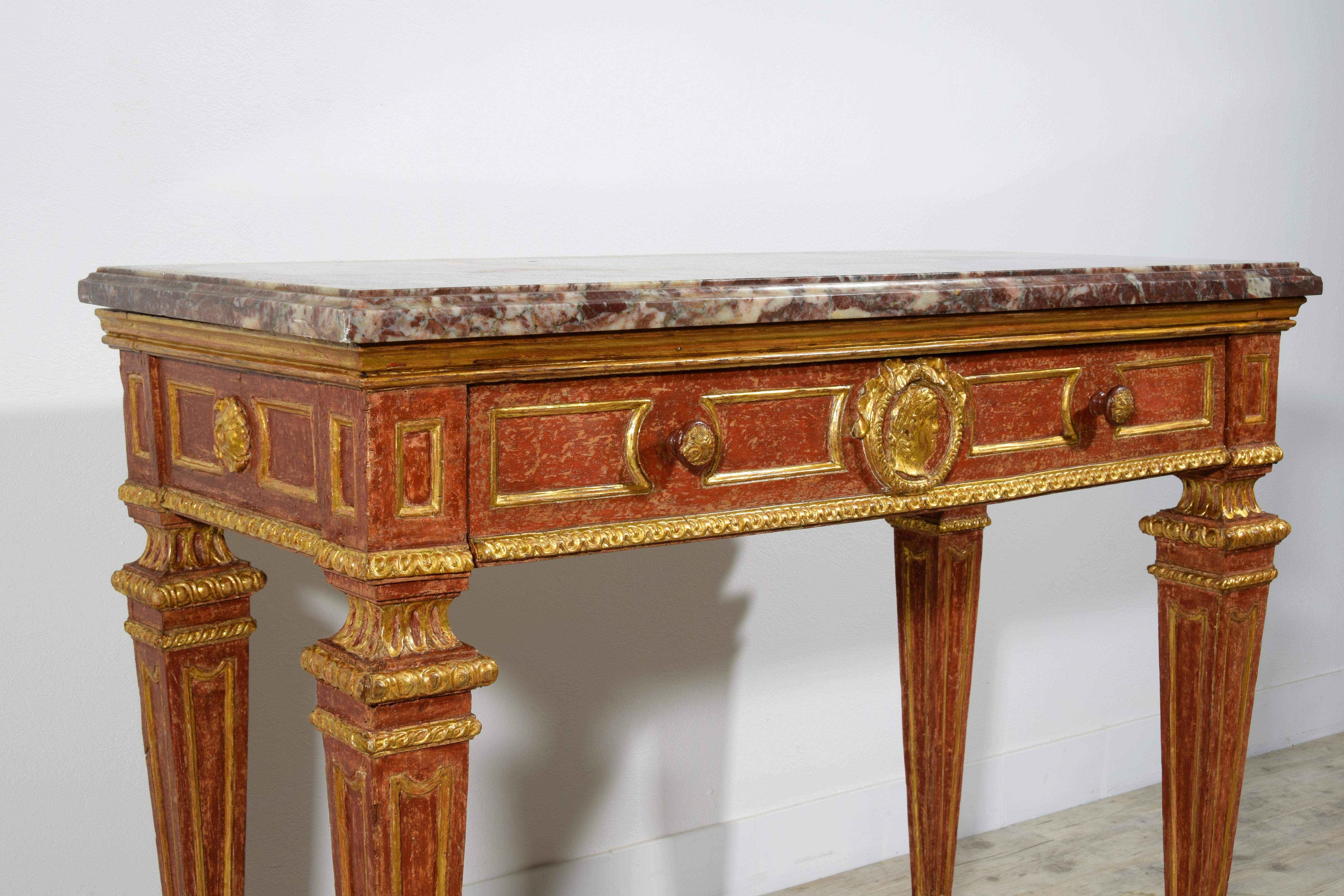 18th Century, Italian Neoclassical Gilded and Red Lacquered Wood with Marble Top For Sale 15