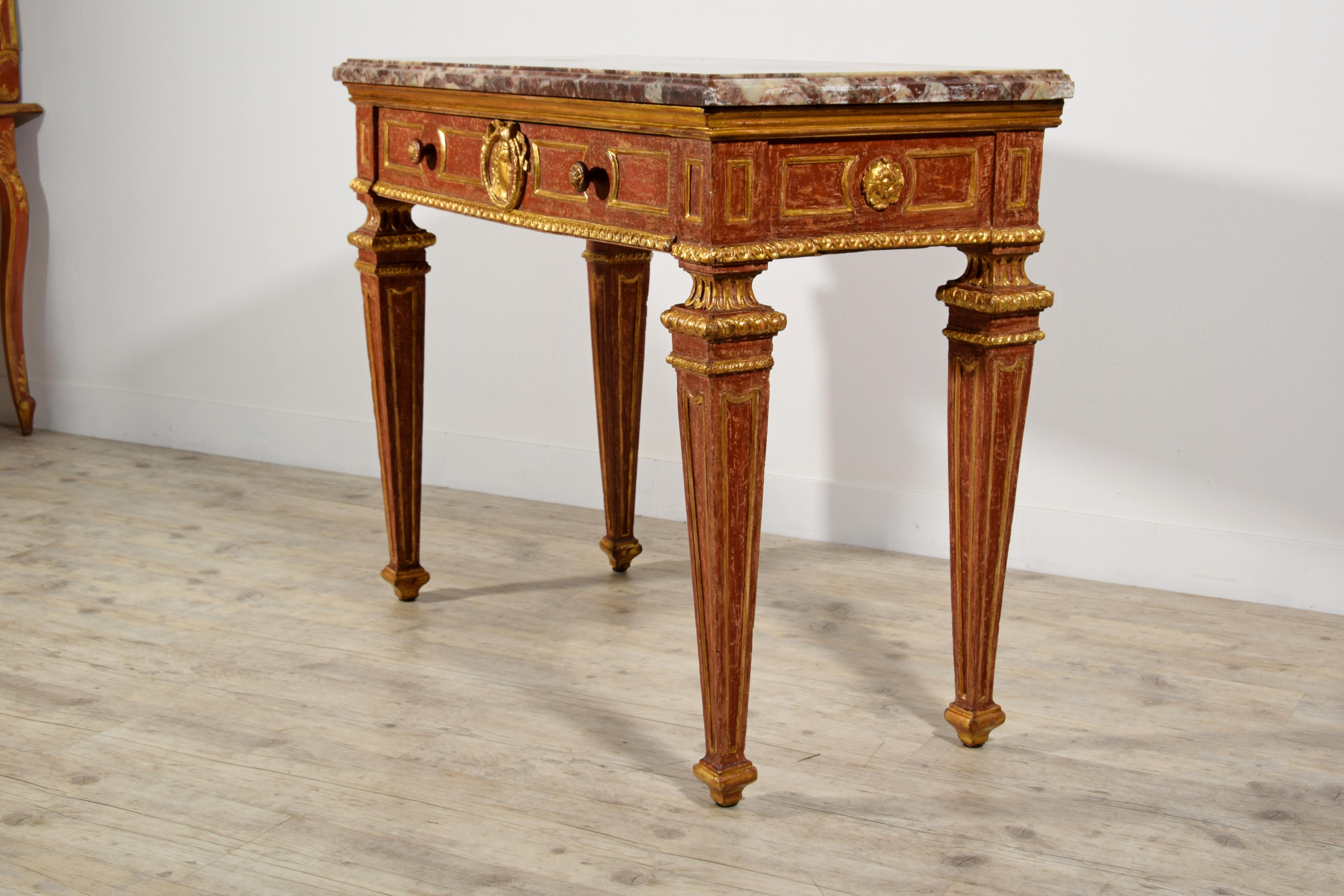 18th Century, Italian Neoclassical Gilded and Red Lacquered Wood with Marble Top For Sale 16