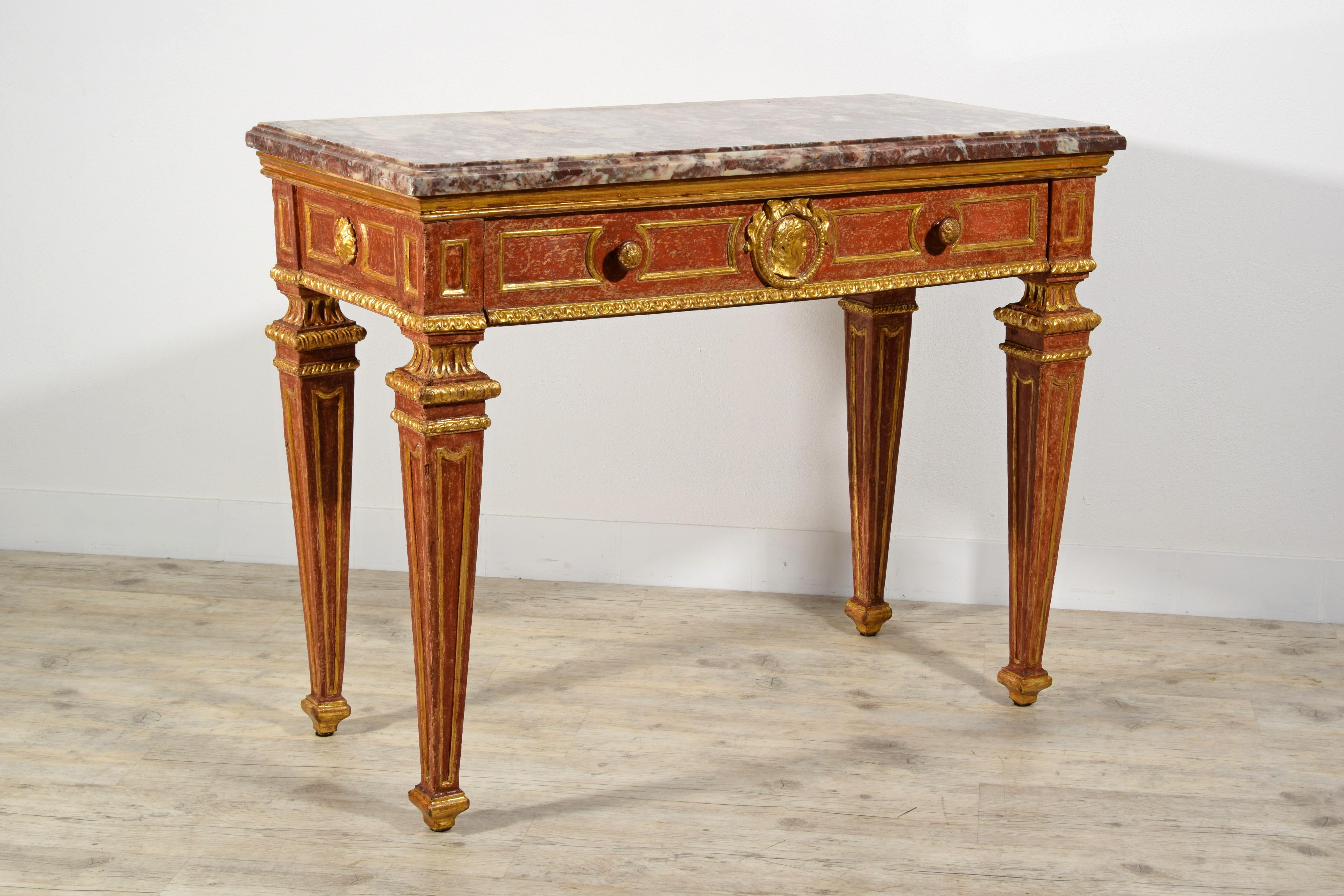 18th Century, Italian Neoclassical Gilded and Red Lacquered Wood with Marble Top For Sale 17