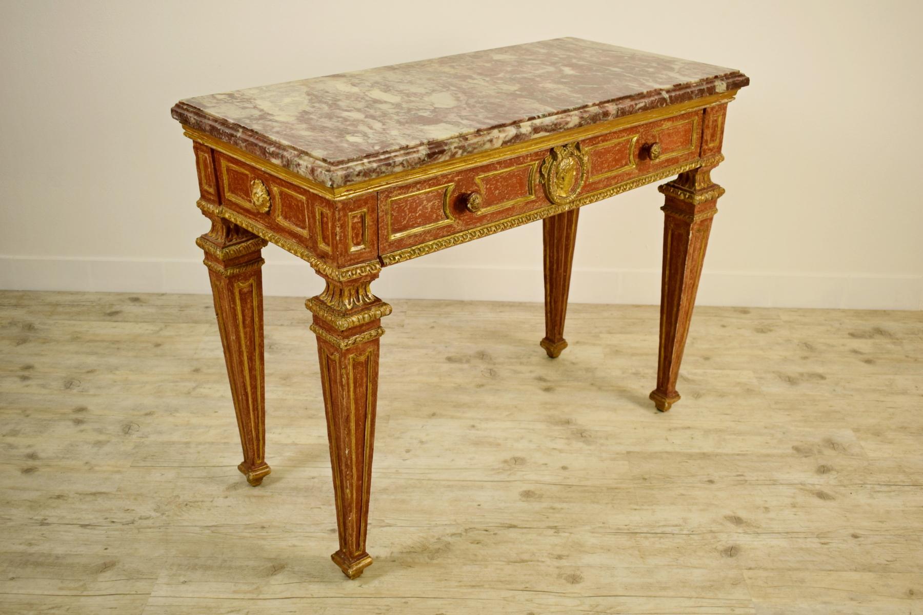 Hand-Carved 18th Century, Italian Neoclassical Gilded and Red Lacquered Wood with Marble Top
