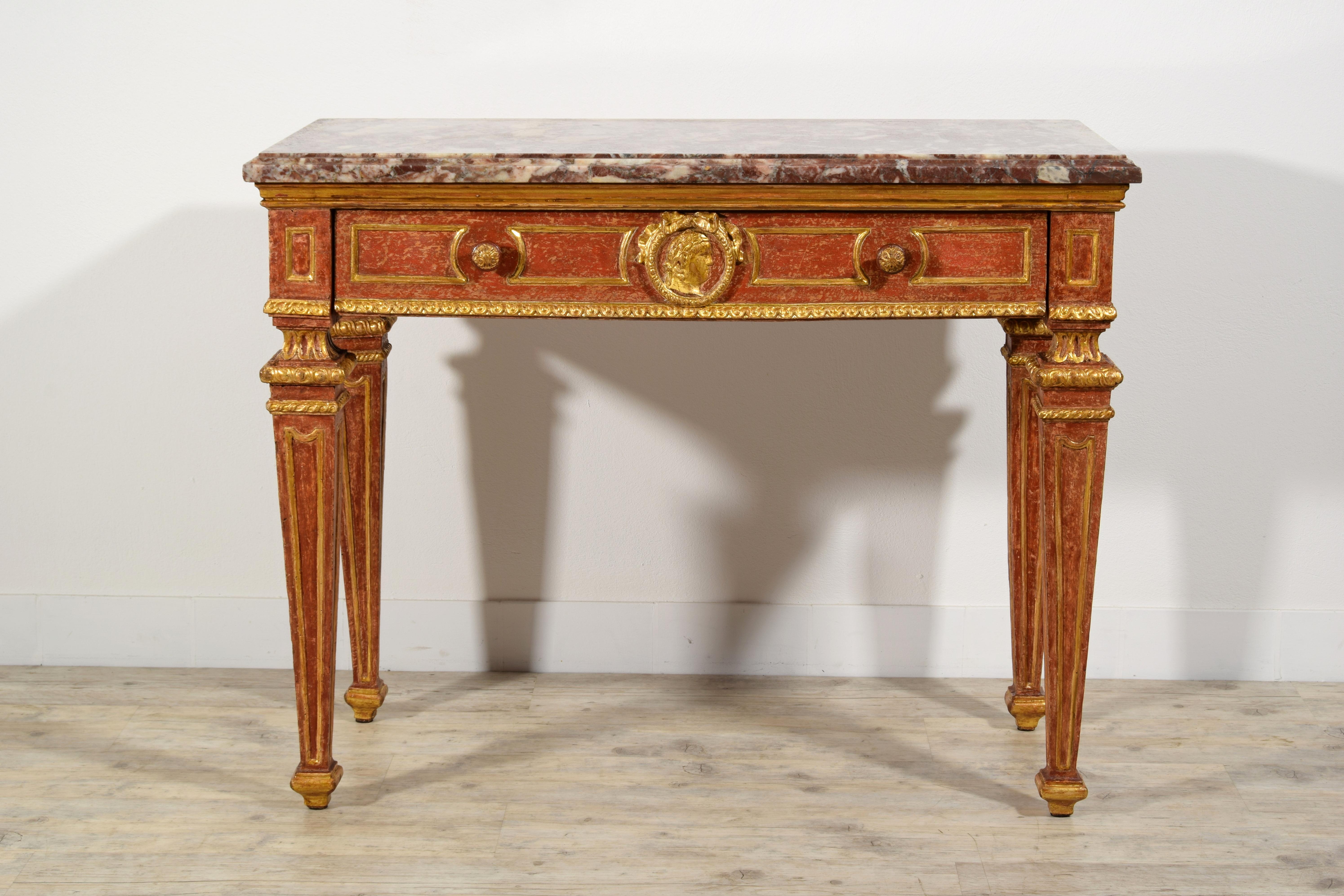 Hand-Carved 18th Century, Italian Neoclassical Gilded and Red Lacquered Wood with Marble Top For Sale