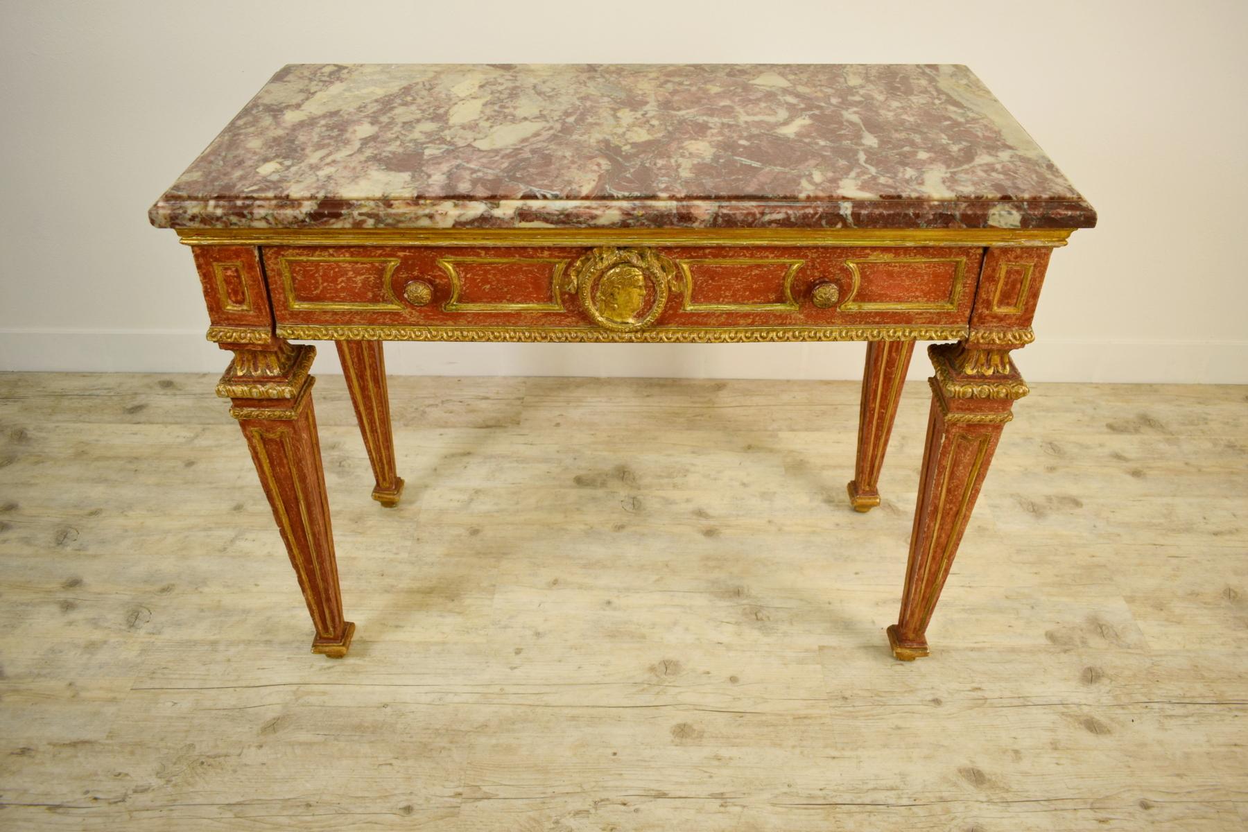 18th Century, Italian Neoclassical Gilded and Red Lacquered Wood with Marble Top 1