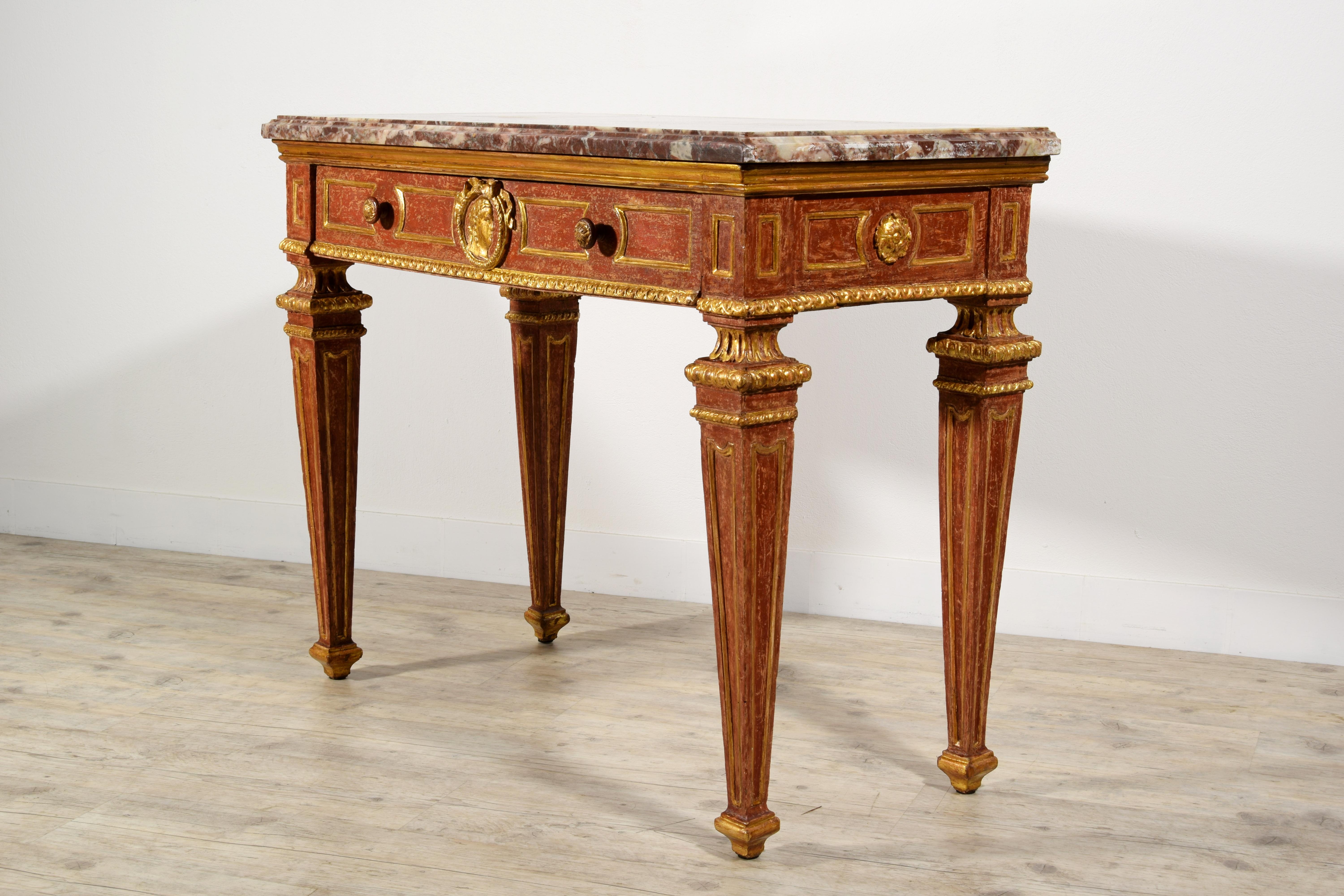 18th Century, Italian Neoclassical Gilded and Red Lacquered Wood with Marble Top For Sale 1