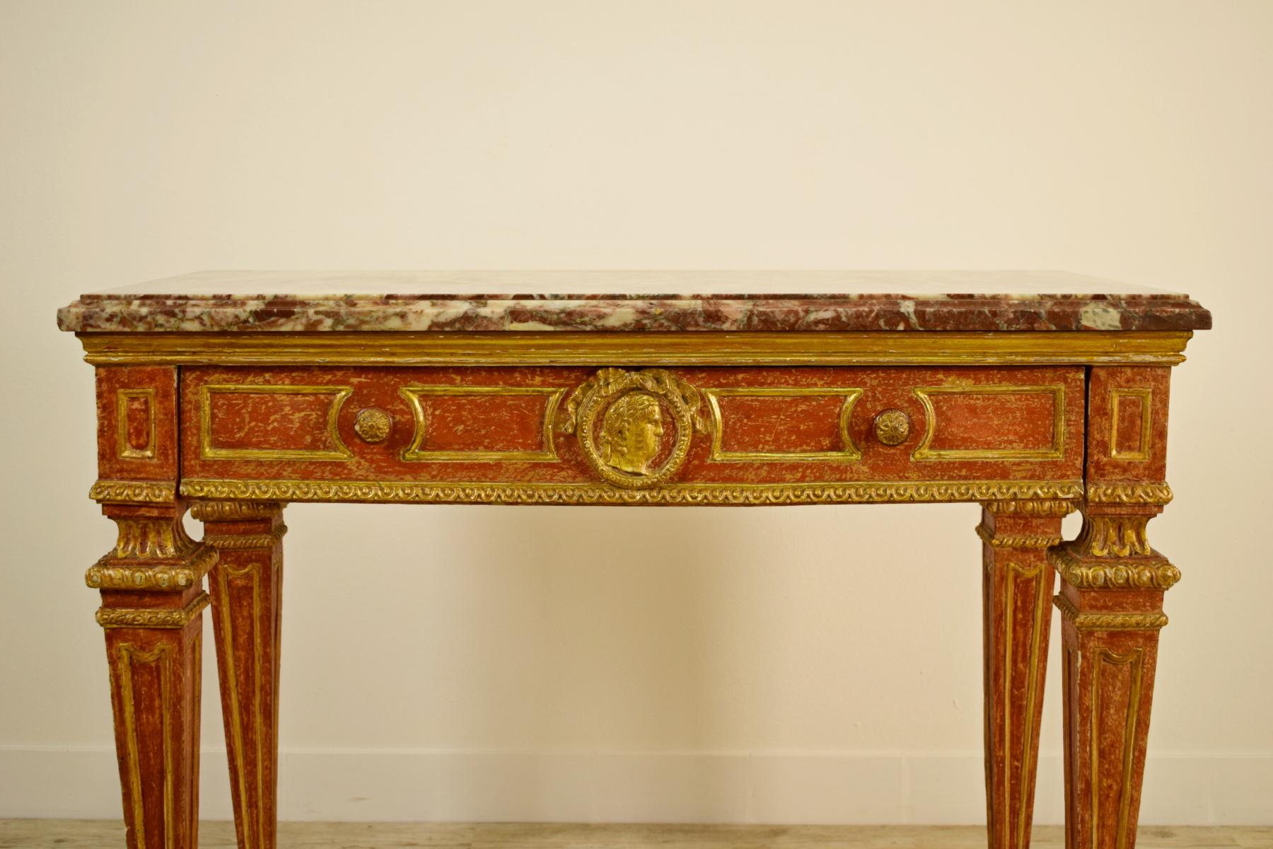 18th Century, Italian Neoclassical Gilded and Red Lacquered Wood with Marble Top 2