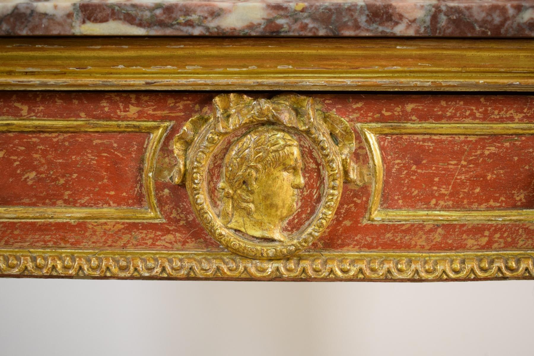 18th Century, Italian Neoclassical Gilded and Red Lacquered Wood with Marble Top 3