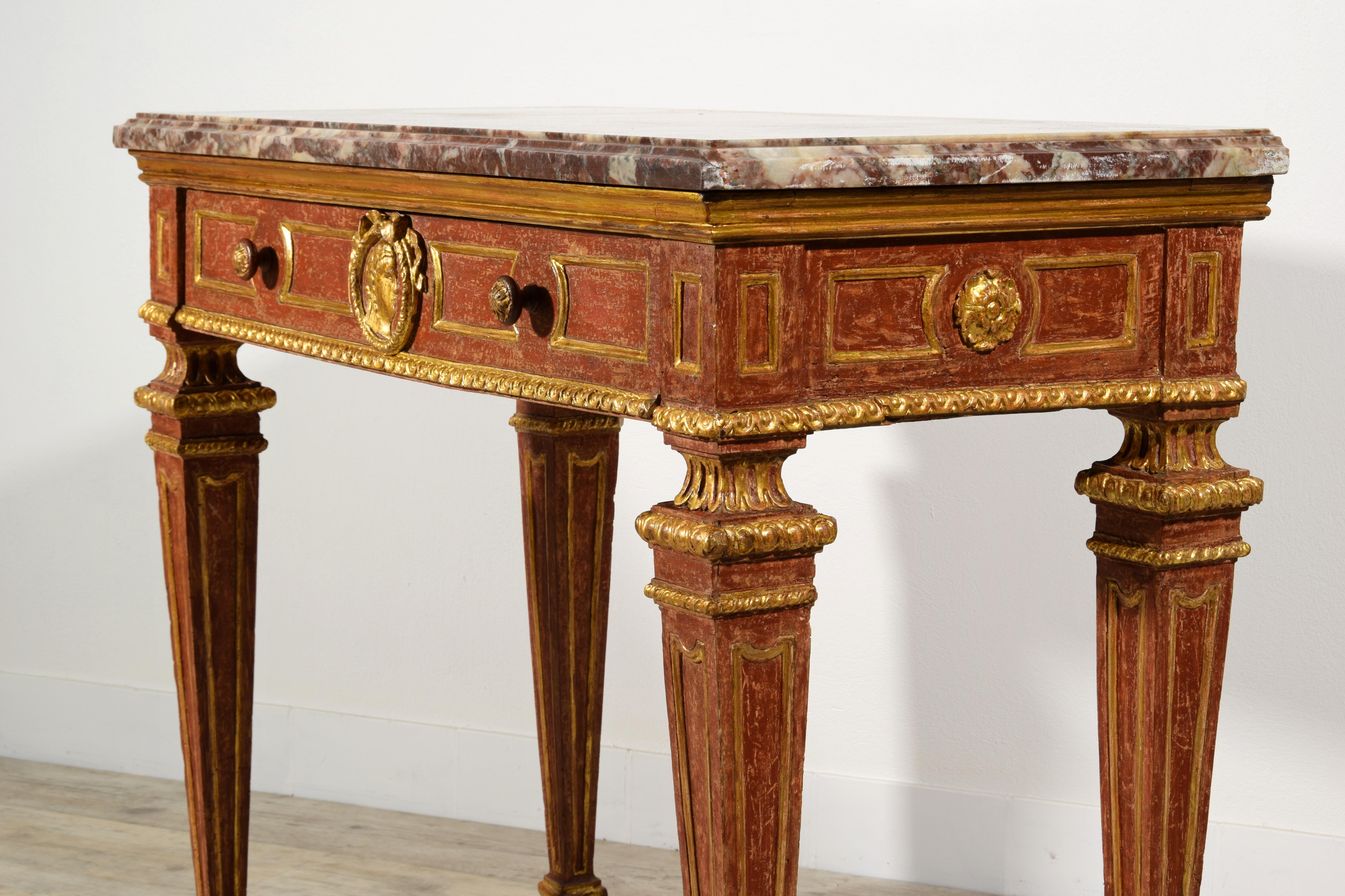 18th Century, Italian Neoclassical Gilded and Red Lacquered Wood with Marble Top For Sale 3