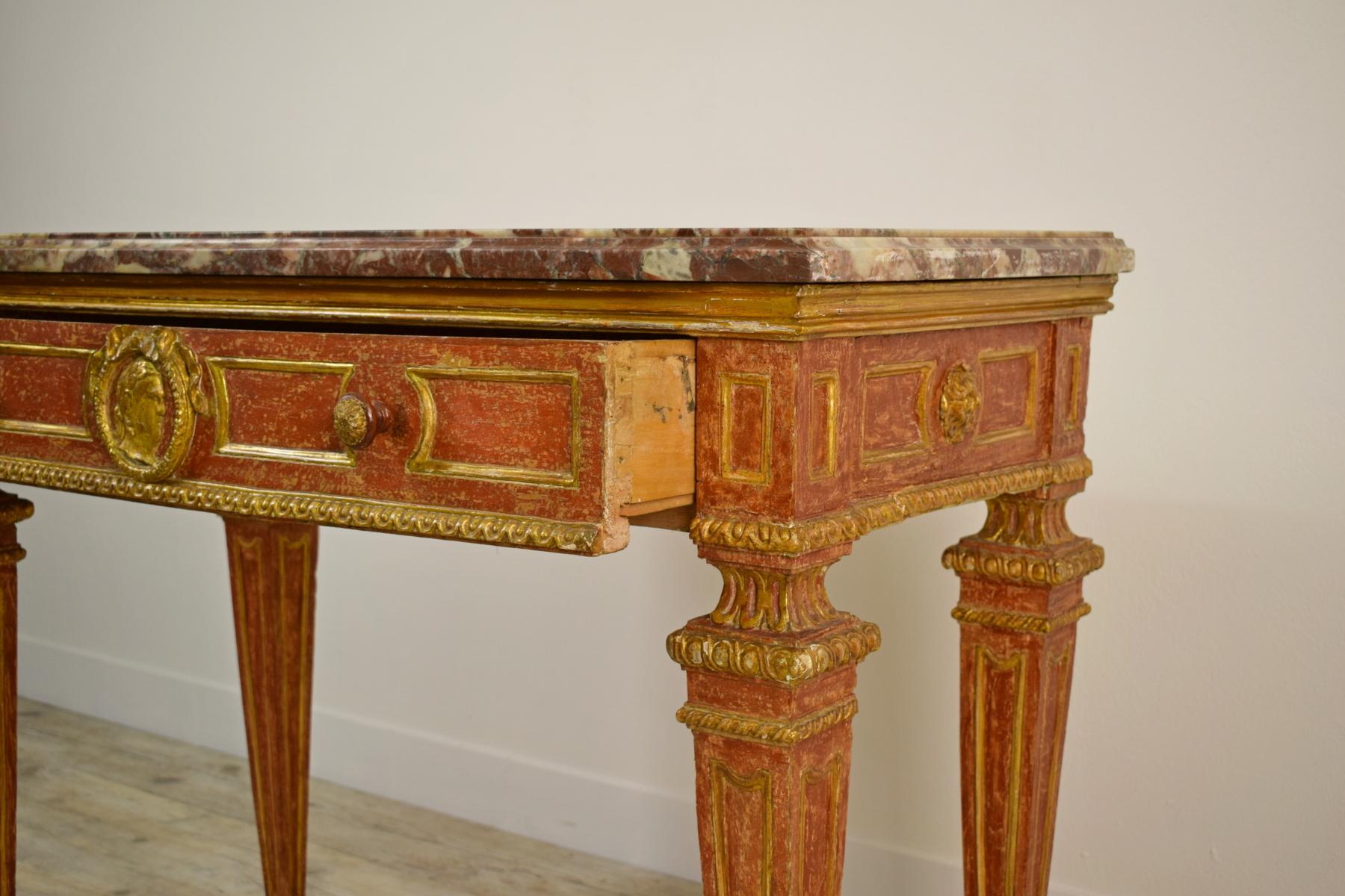 18th Century, Italian Neoclassical Gilded and Red Lacquered Wood with Marble Top 4