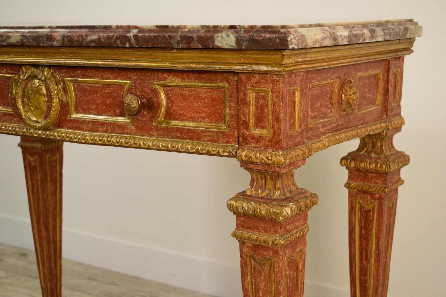 18th Century, Italian Neoclassical Gilded and Red Lacquered Wood with Marble Top 5