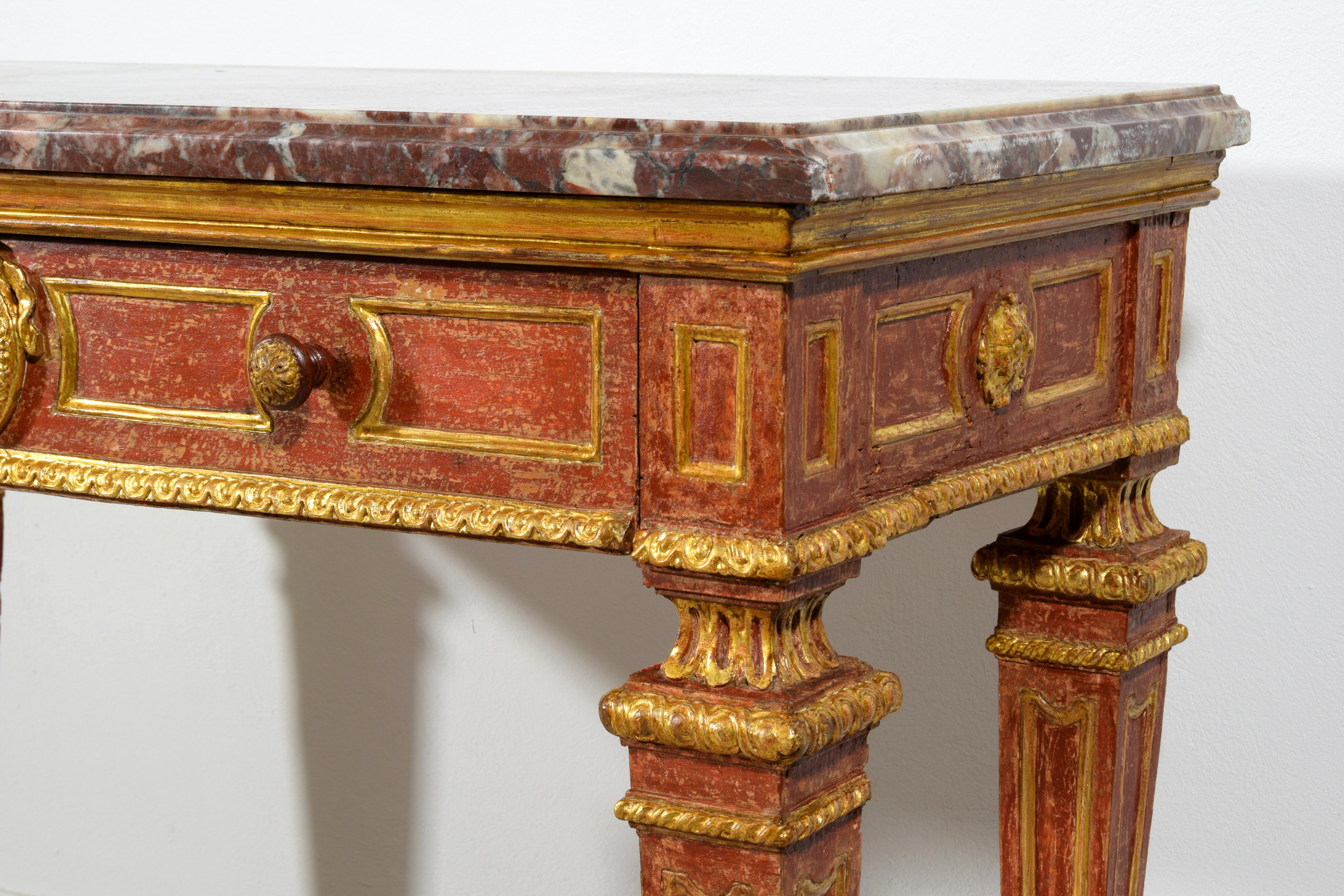 18th Century, Italian Neoclassical Gilded and Red Lacquered Wood with Marble Top For Sale 5