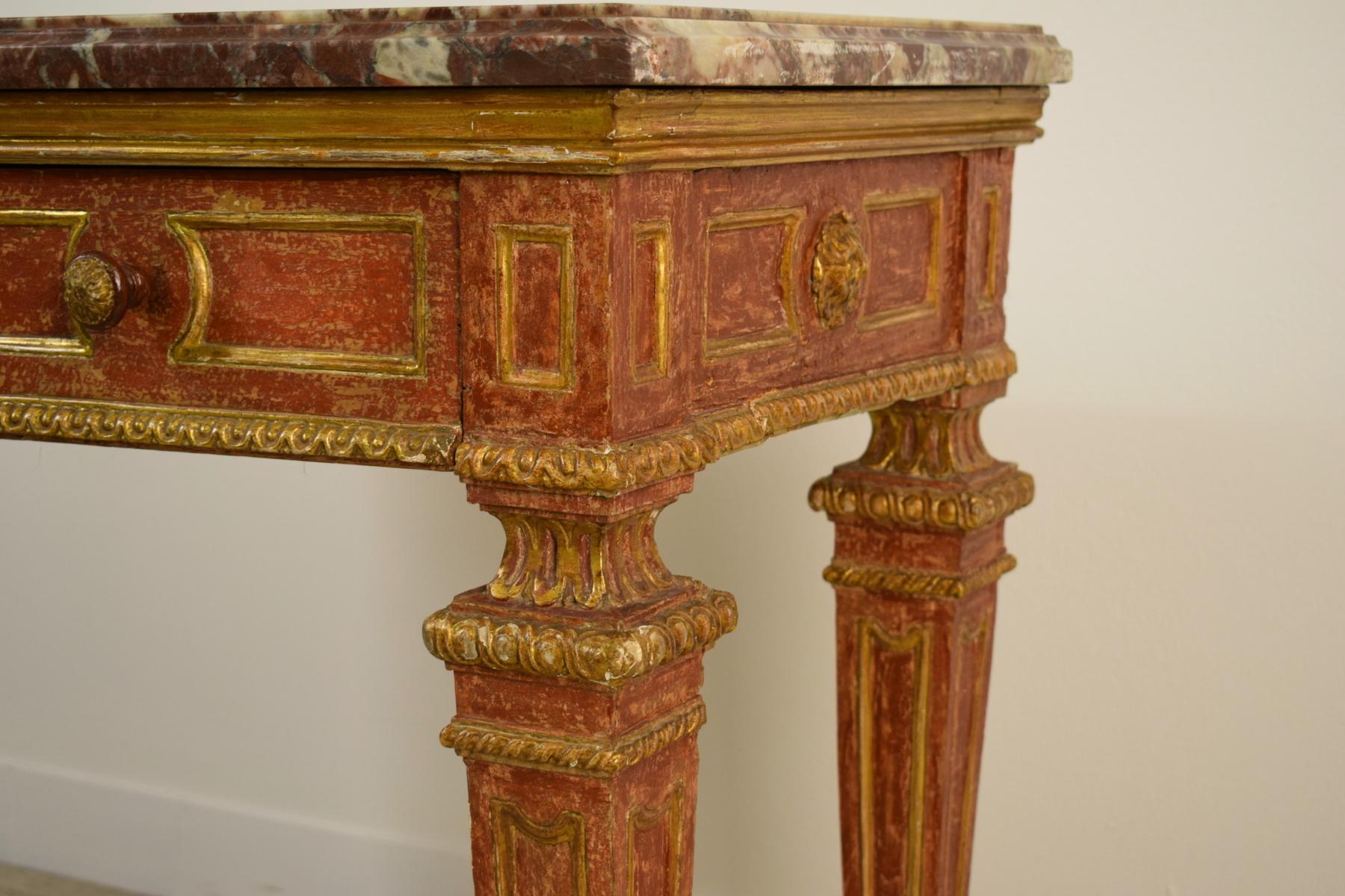 18th Century, Italian Neoclassical Gilded and Red Lacquered Wood with Marble Top 6