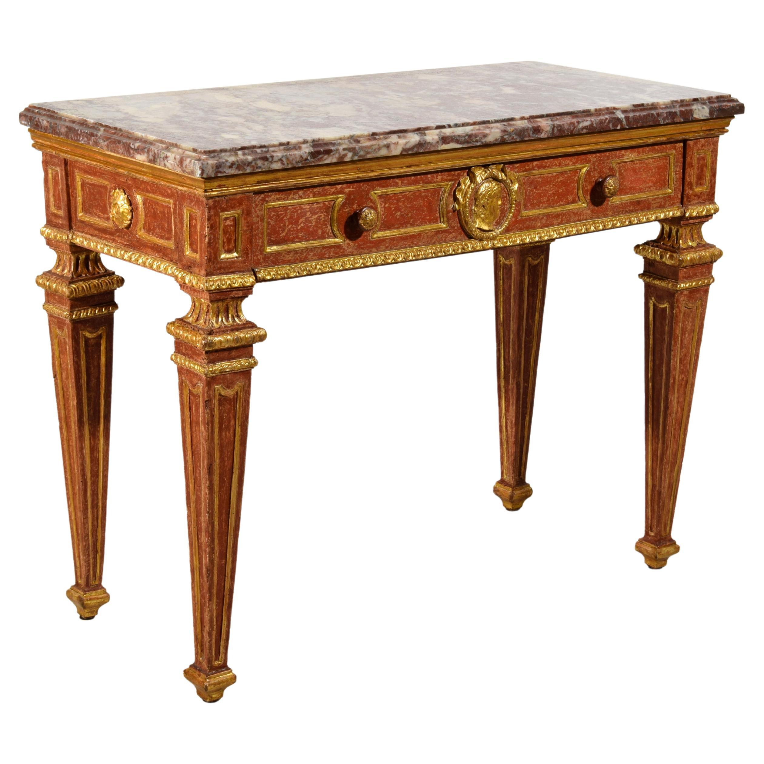18th Century, Italian Neoclassical Gilded and Red Lacquered Wood with Marble Top For Sale