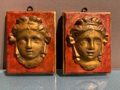 18th Century Italian Neoclassical Giltwood Masks, Hand Carved, A Pair