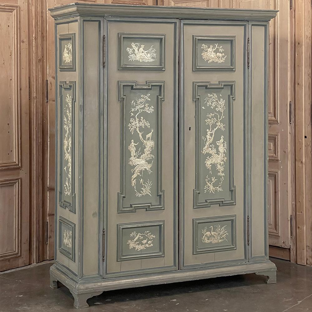 18th century Italian neoclassical painted armoire represents the epitome of master Italian craftsmanship and artistry melded into one instant family heirloom! First, the rectilinear classical architecture is immediately arresting when one first