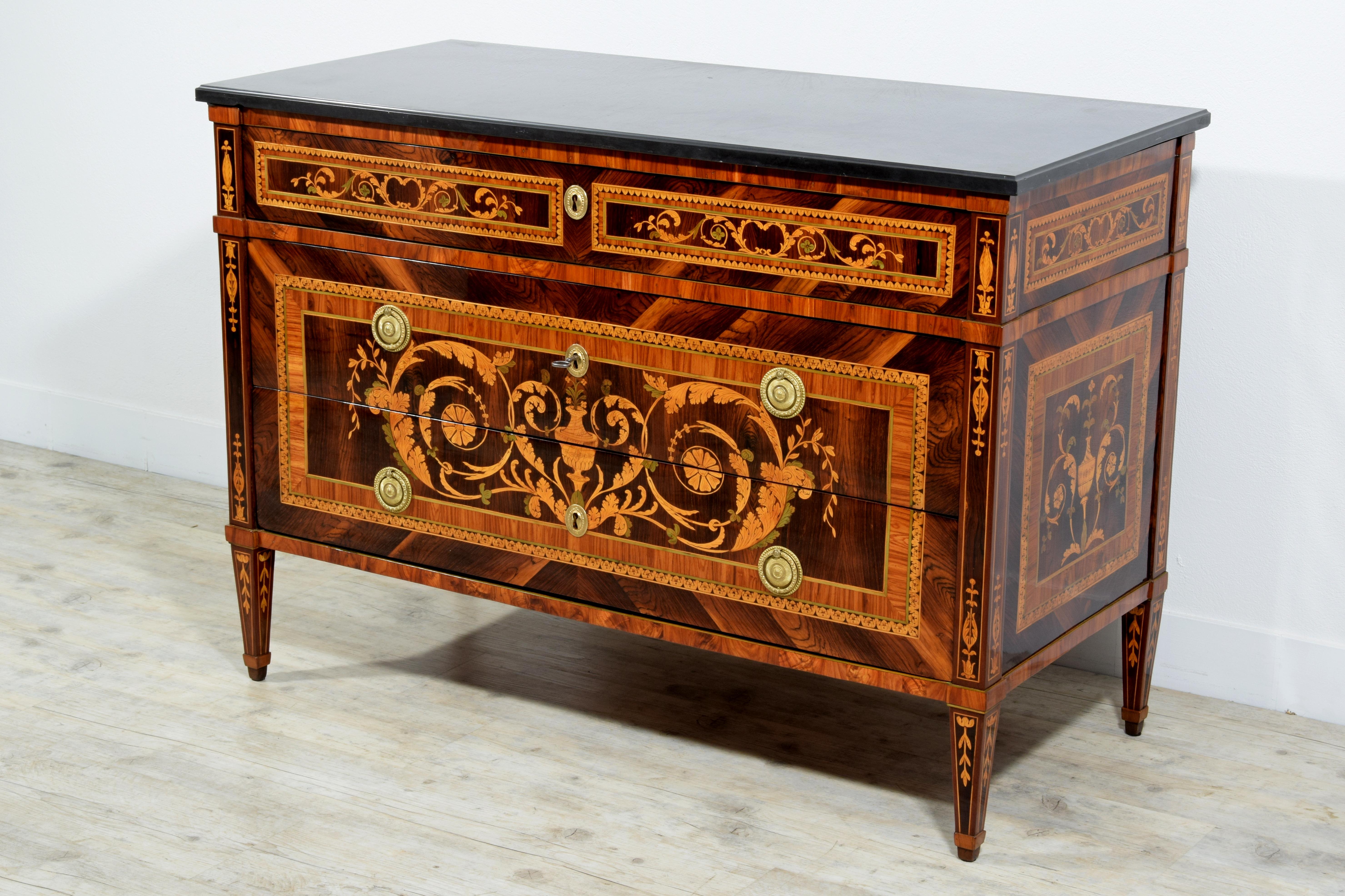18th Century, Italian Neoclassical Inlaid Chest of Drawers with Marble For Sale 11