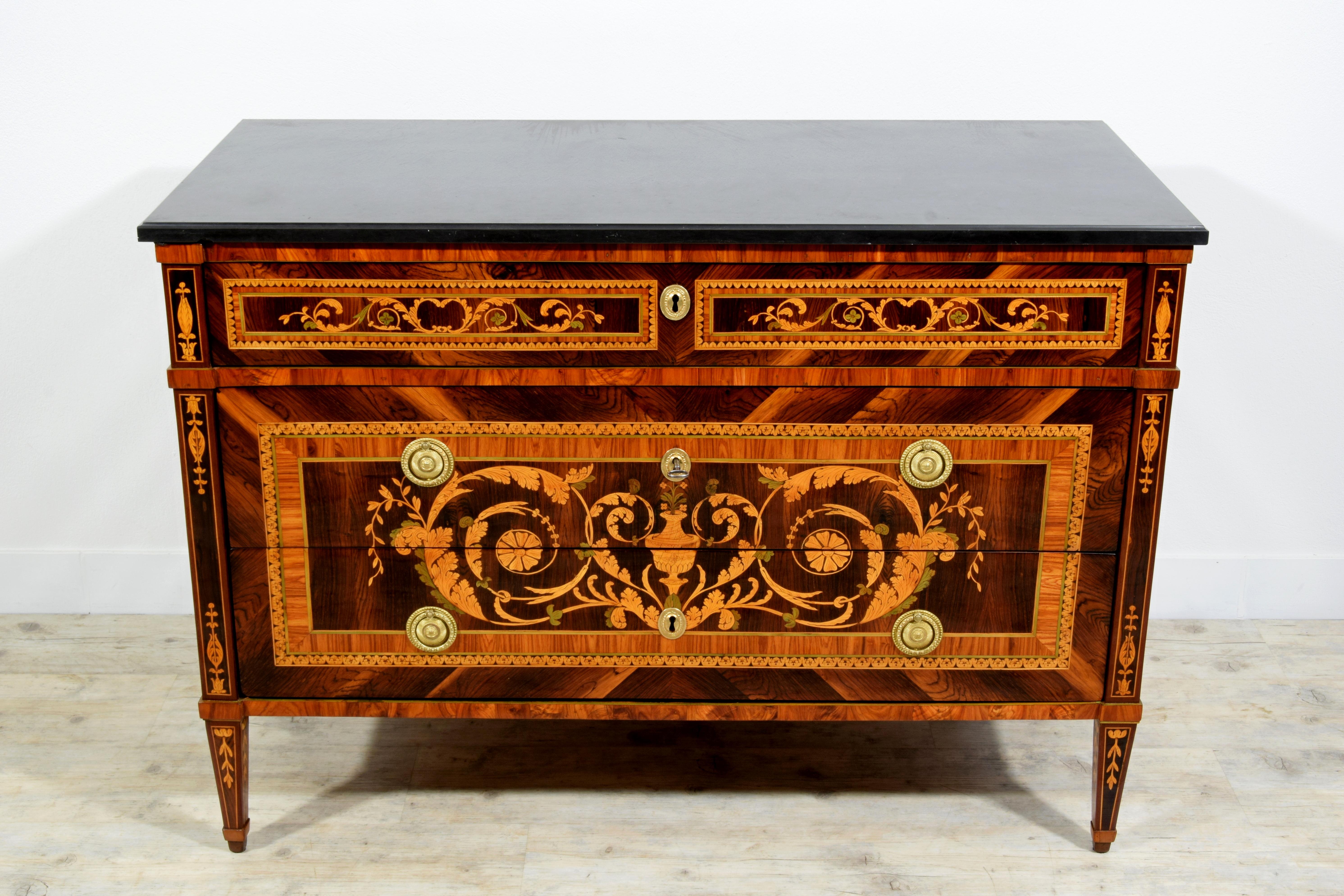 18th Century, Italian Neoclassical Inlaid Chest of Drawers with Marble For Sale 12