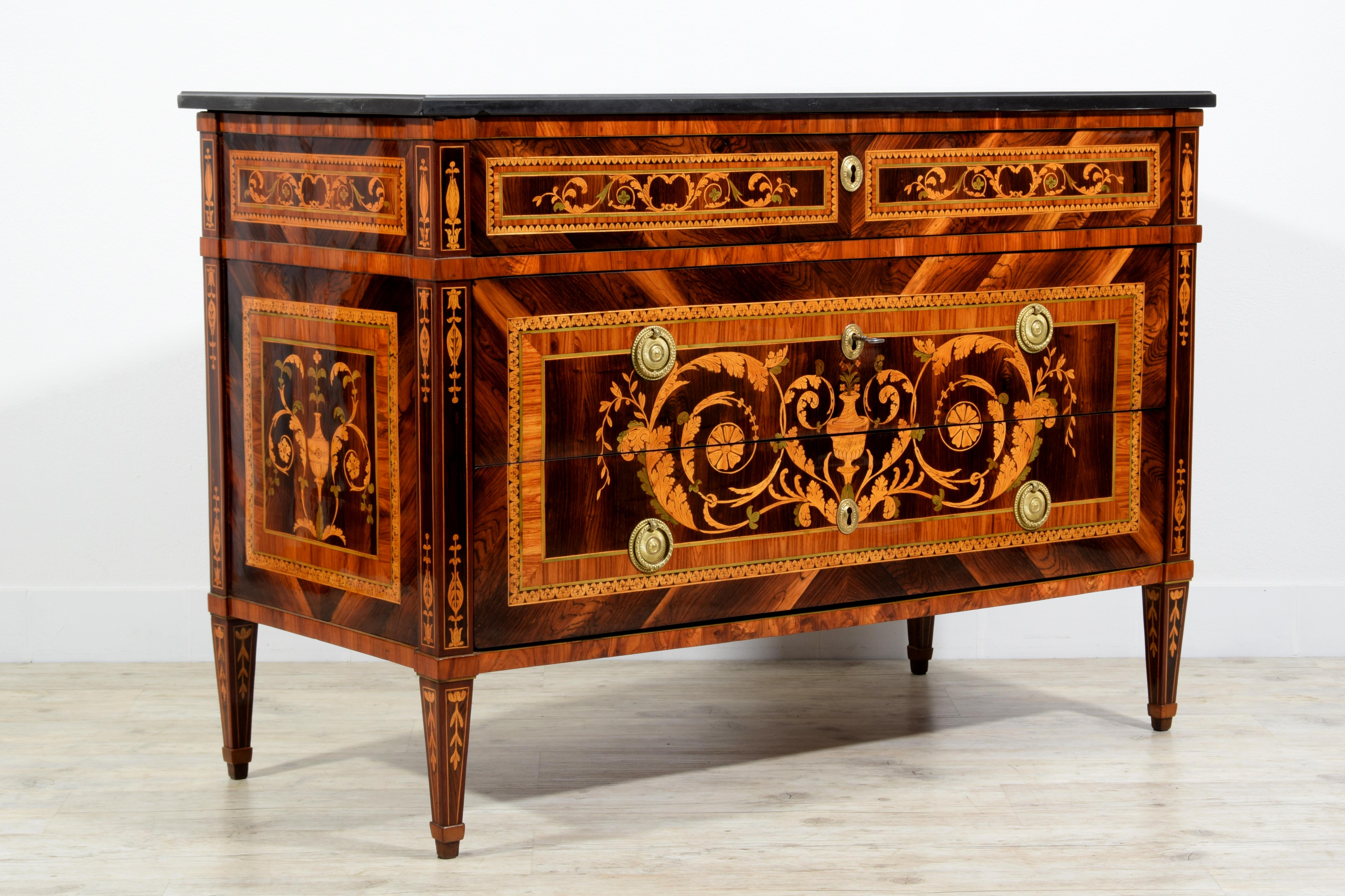 18th Century, Italian Neoclassical Inlaid Chest of Drawers with Marble For Sale 16