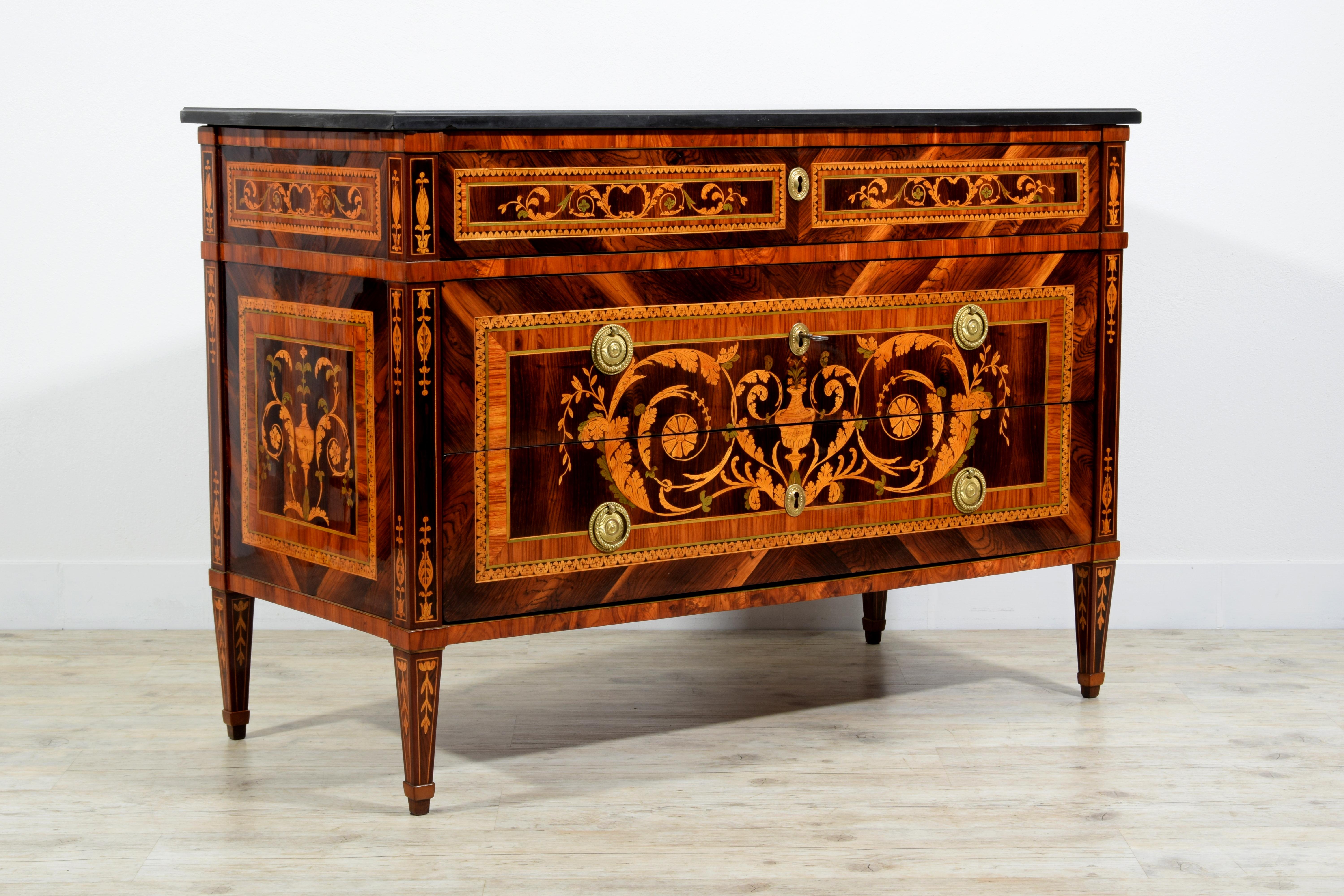 Hand-Carved 18th Century, Italian Neoclassical Inlaid Chest of Drawers with Marble For Sale