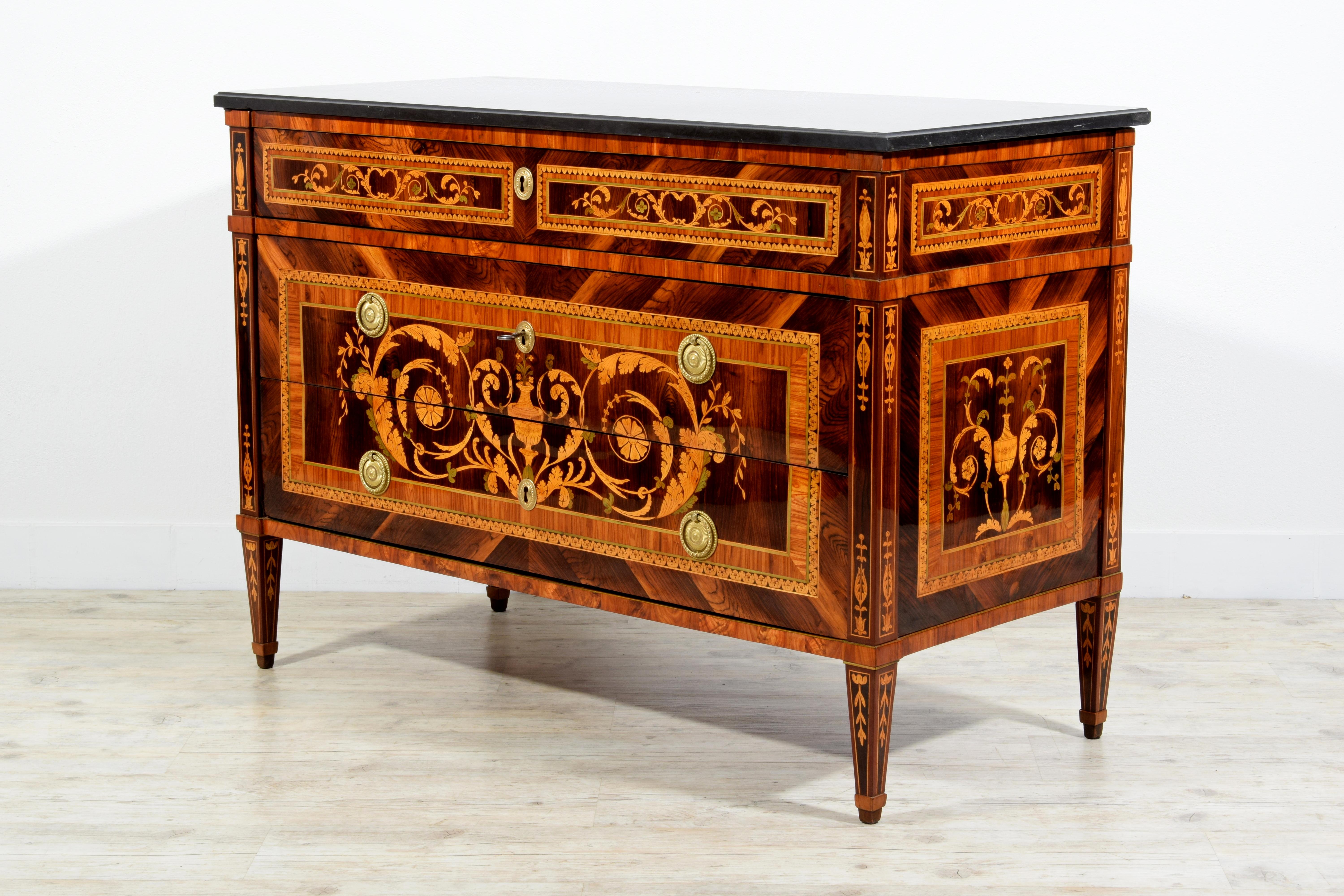 Wood 18th Century, Italian Neoclassical Inlaid Chest of Drawers with Marble For Sale