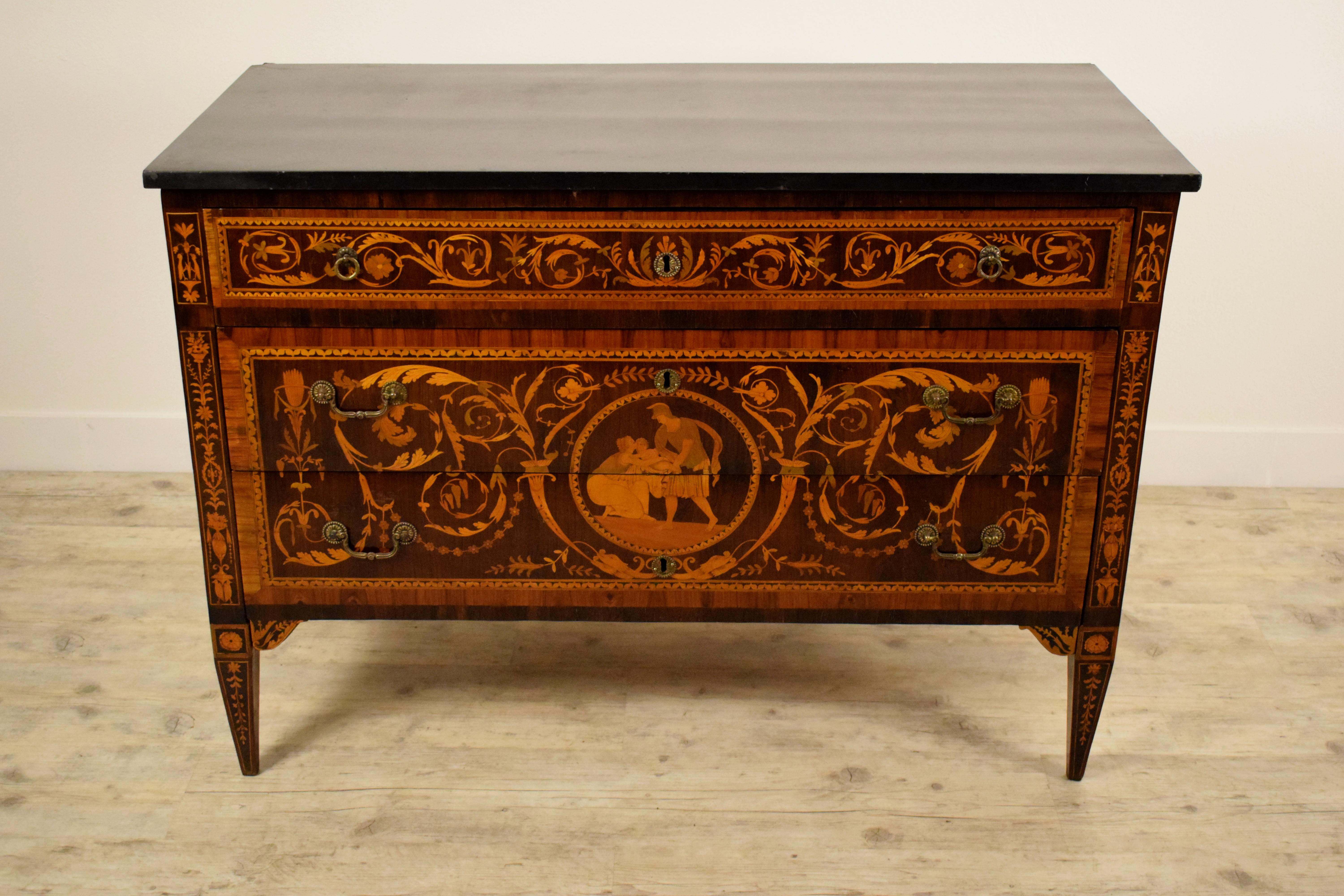 Bronze 18th Century, Italian Neoclassical Inlaid Chest of Drawers, Marble Top For Sale