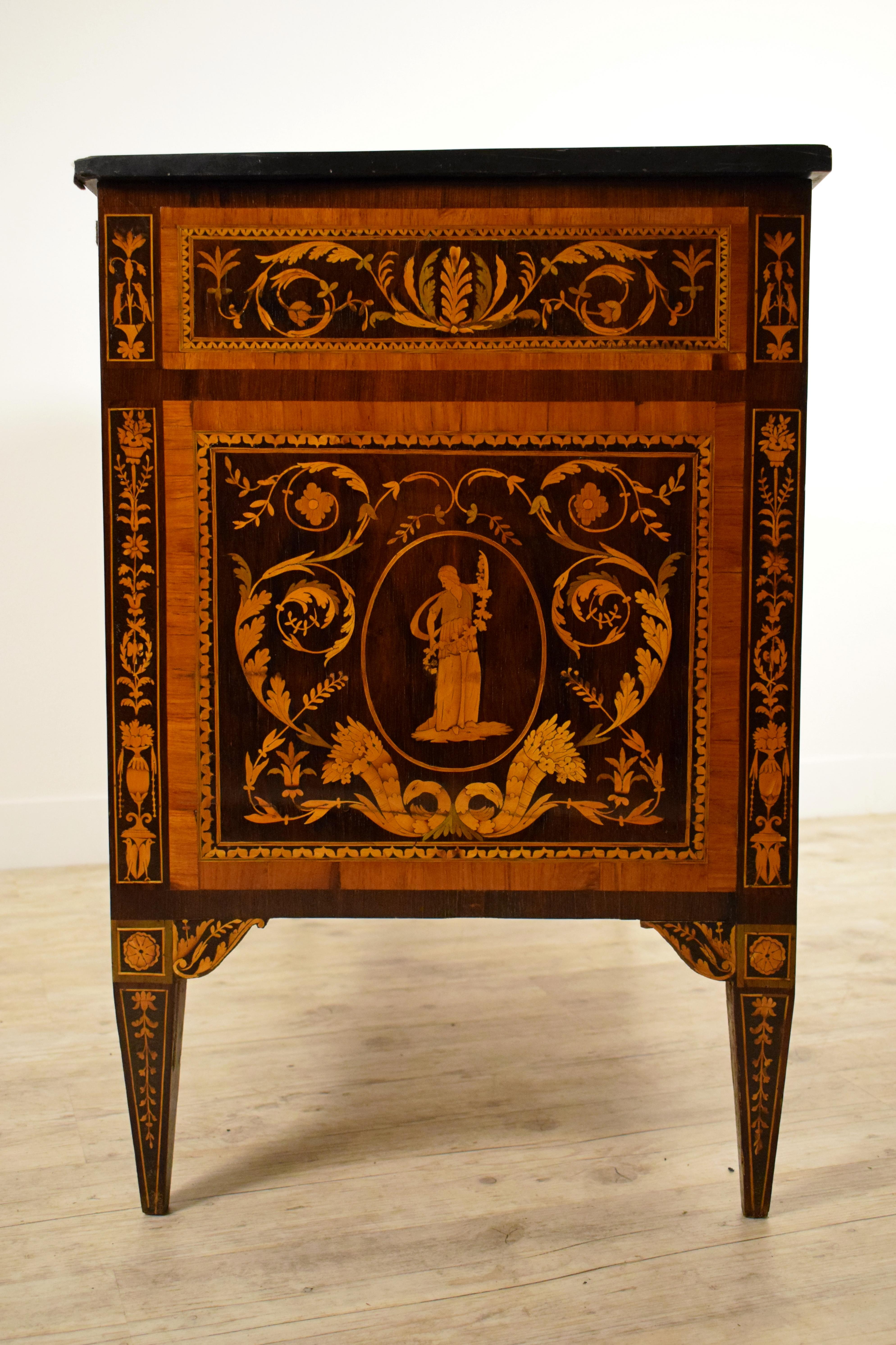 18th Century, Italian Neoclassical Inlaid Chest of Drawers, Marble Top For Sale 1