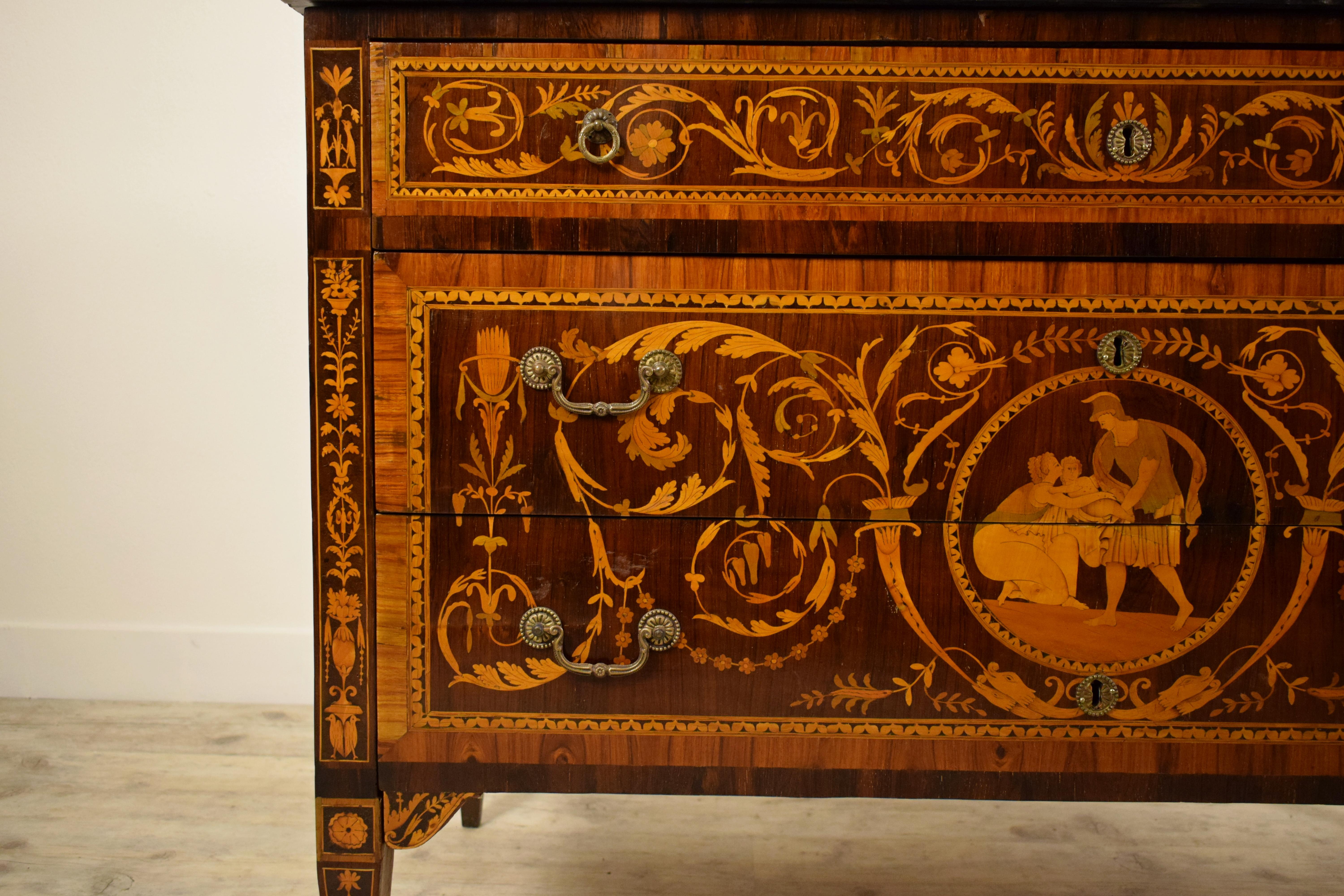 18th Century, Italian Neoclassical Inlaid Chest of Drawers, Marble Top For Sale 4