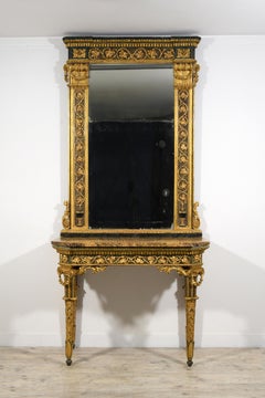 18. Jahrhundert, Italienische neoklassizistische Konsole aus lackiertem und vergoldetem Holz und Spiegel