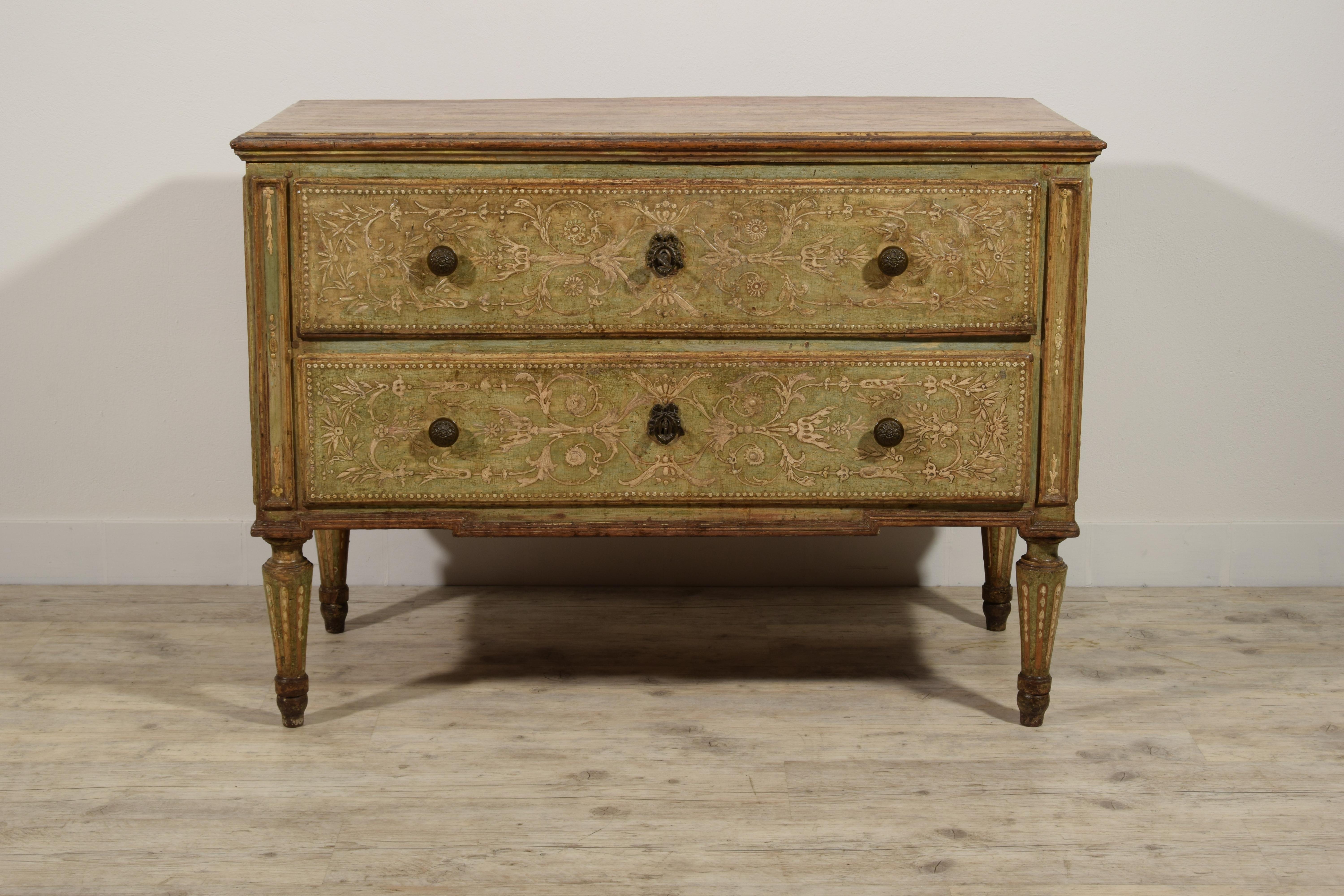 Hand-Carved 18th Century, Italian Neoclassical Lacquered Wood Chest of Drawer