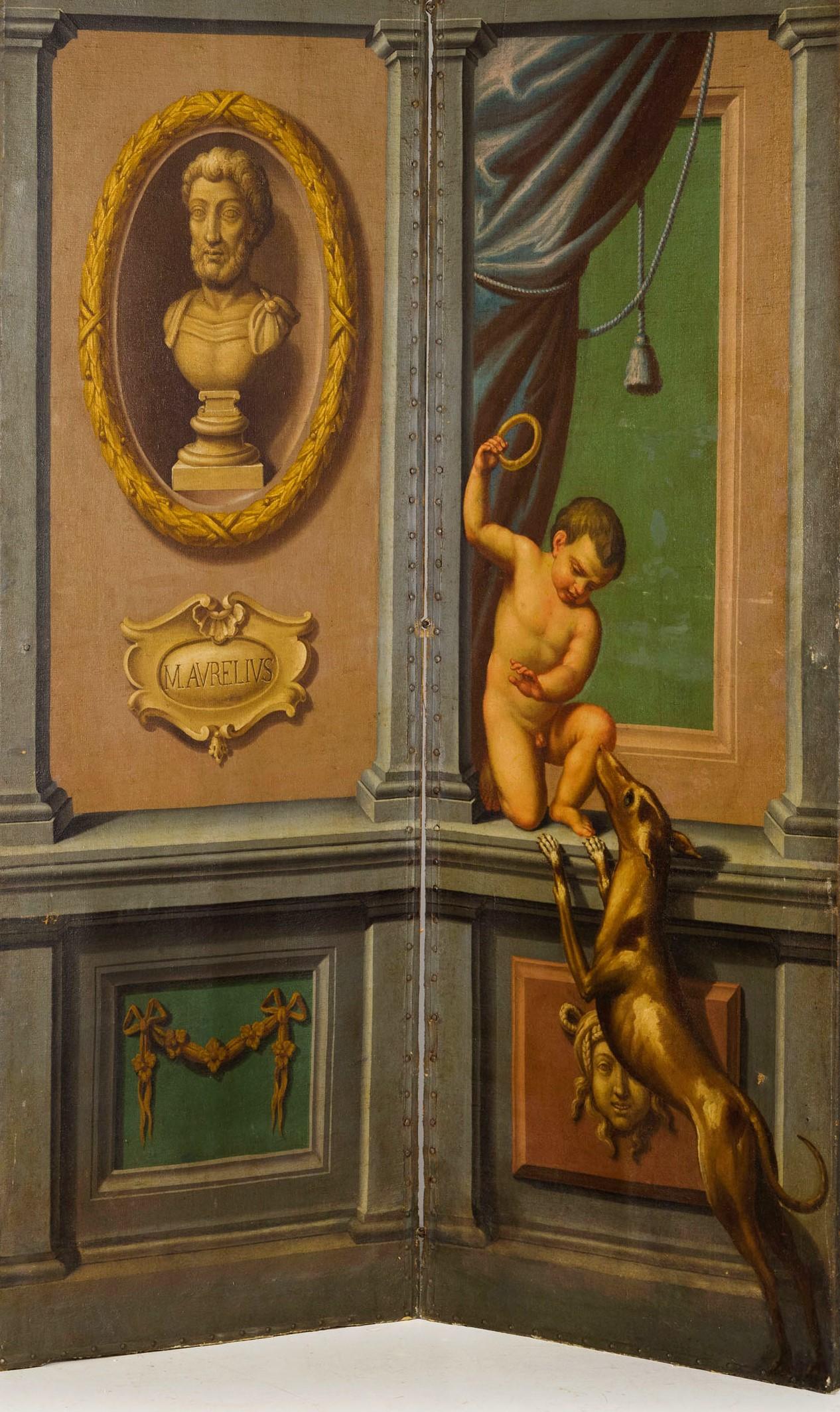 XVIII secolo, grande olio neoclassico italiano su tela a quattro pannelli con paravento Trompe L'œil

Questo grande schermo è composto da quattro pannelli dipinti a olio su tela. Neoclassico, risalente alla seconda metà del XVIII secolo.
Ogni
