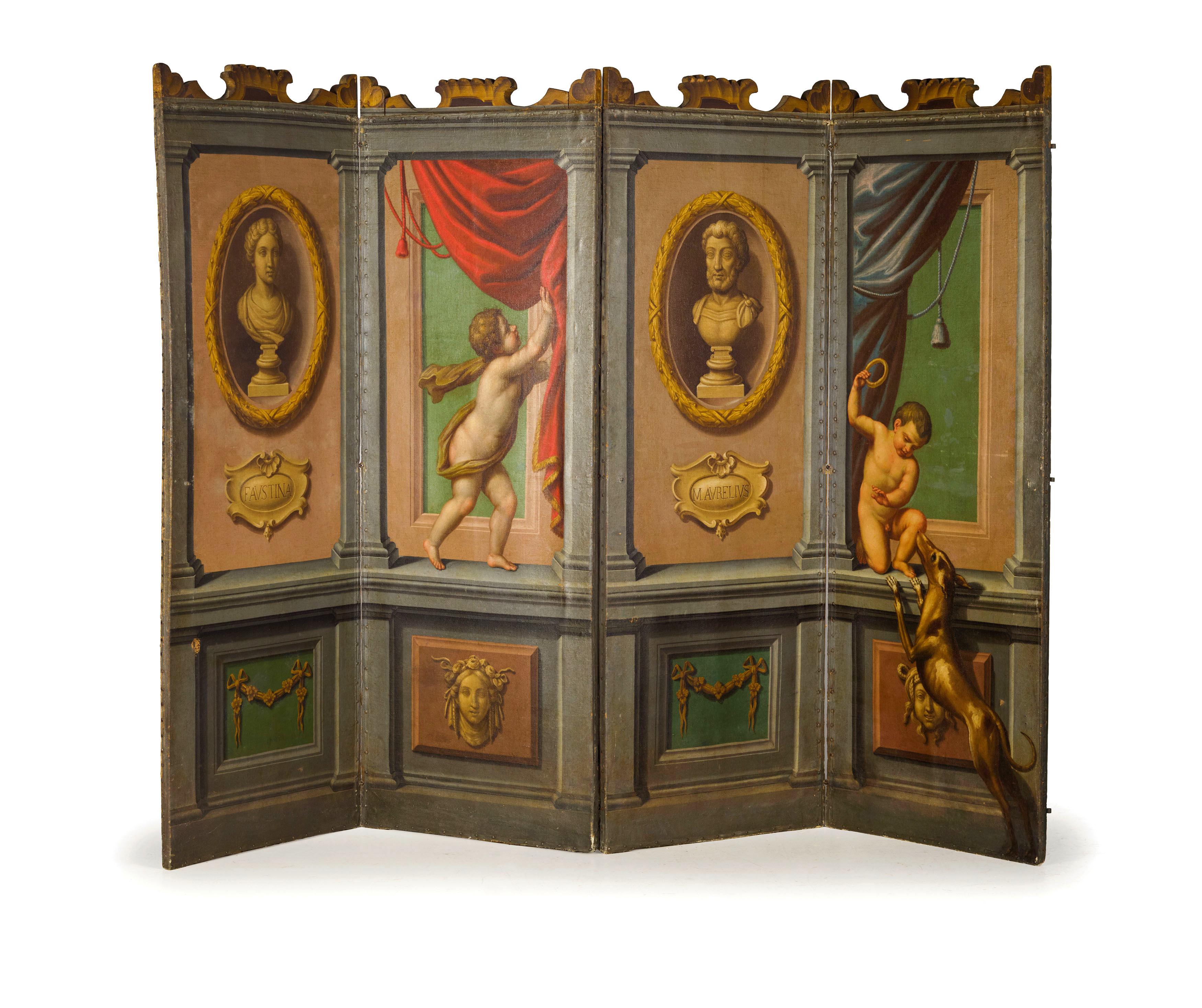 Hand-Painted 18th Century Italian Neoclassical Oil on Canvas Screen with Trompe L’œil For Sale