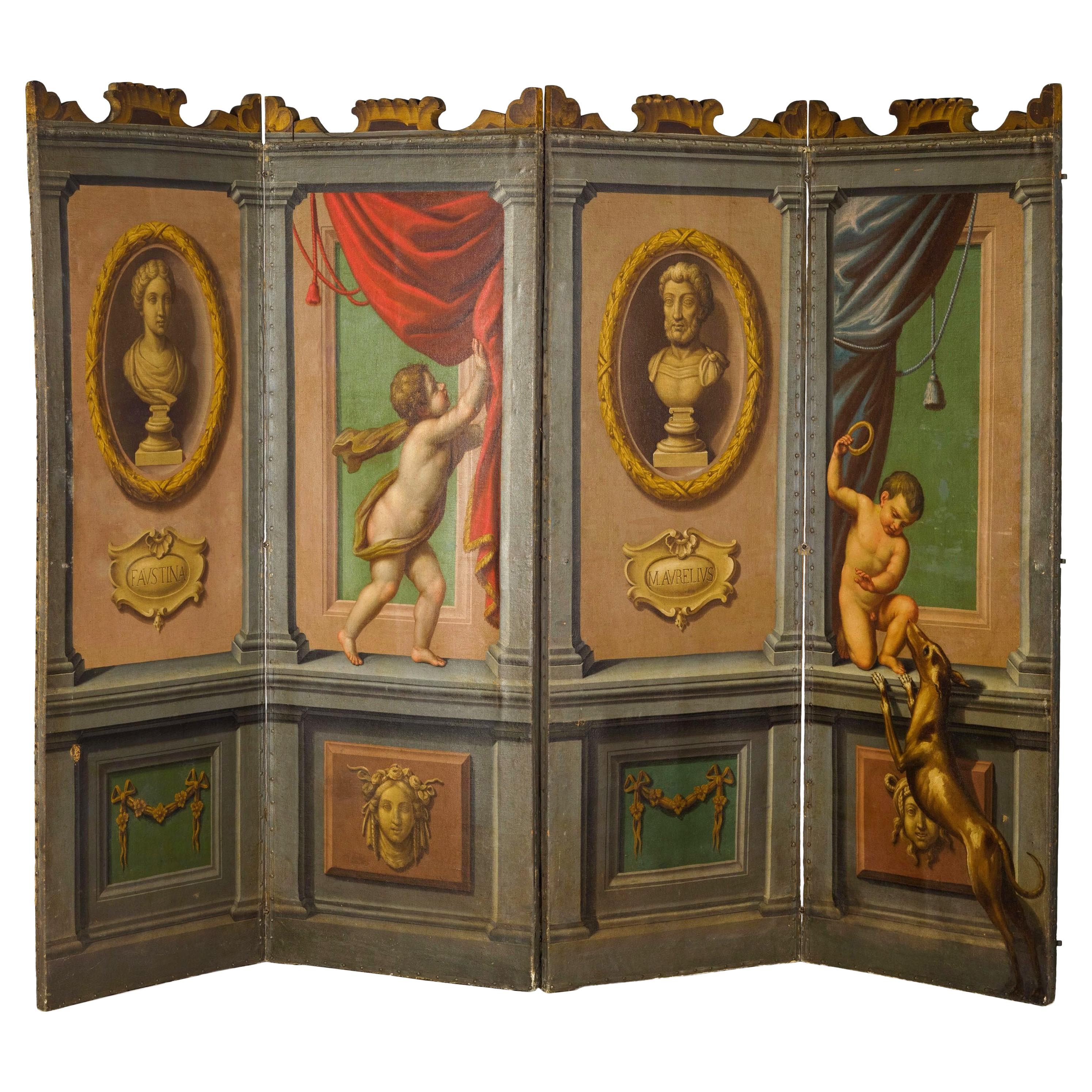 18th Century Italian Neoclassical Oil on Canvas Screen with Trompe L’œil For Sale