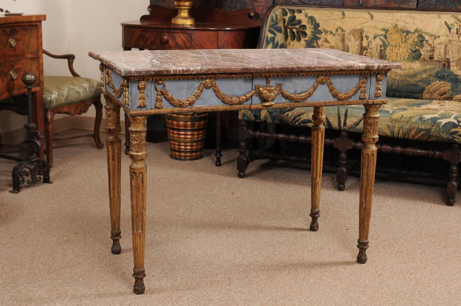 Hand-Carved 18th Century Italian Neoclassical Painted and Parcel-Gilt Center/Console Table