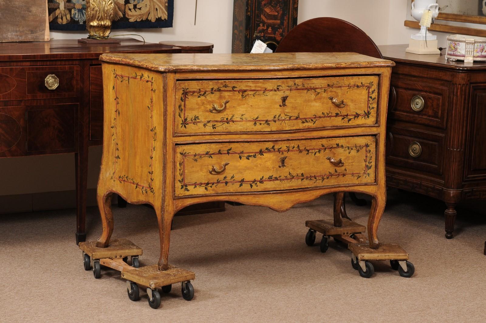 18th Century Italian Neoclassical Painted Commode with 2 Drawers & Ivy Detail In Fair Condition For Sale In Atlanta, GA