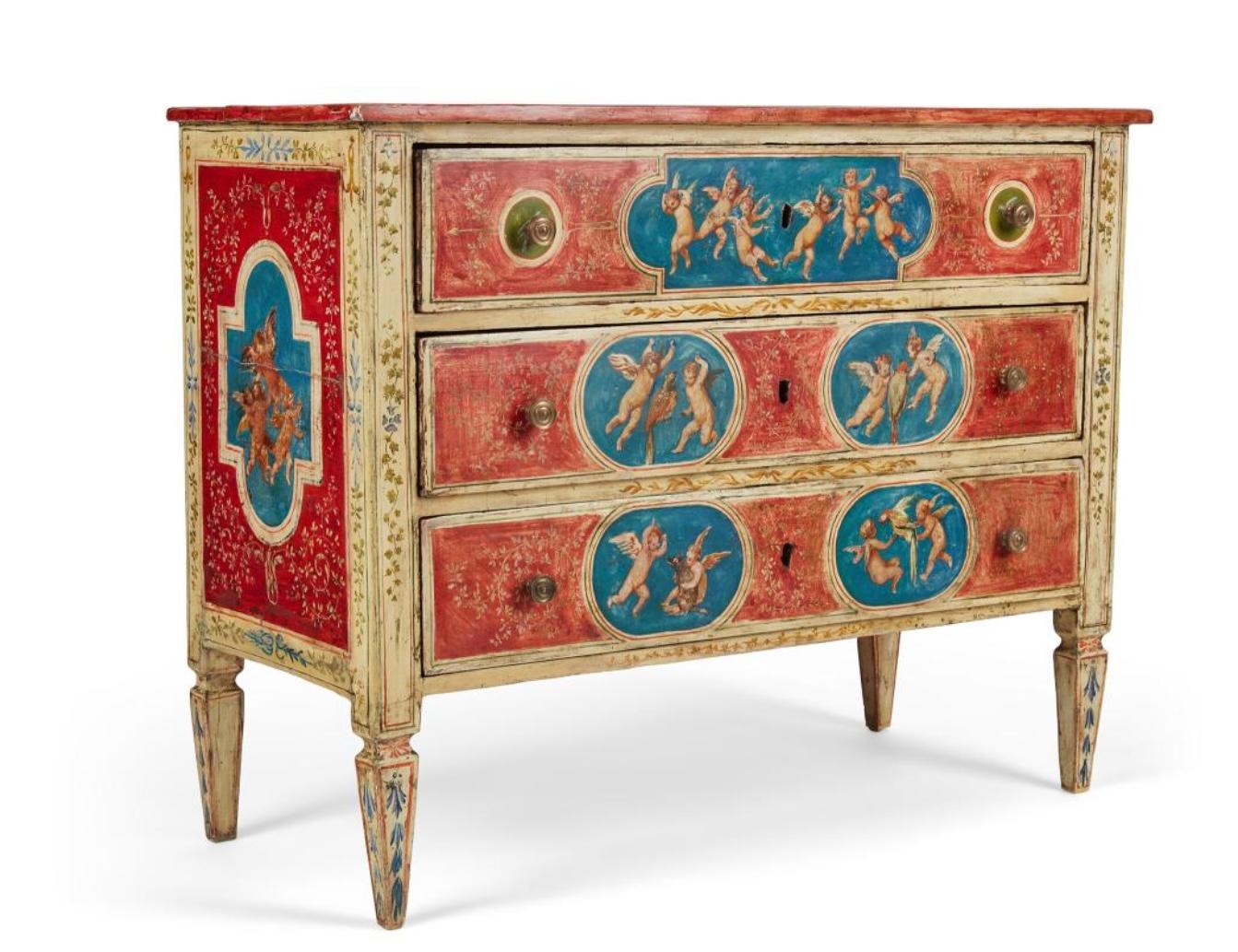 Polychromed 18th Century Italian Neoclassical Polychrome Decorated Commode For Sale