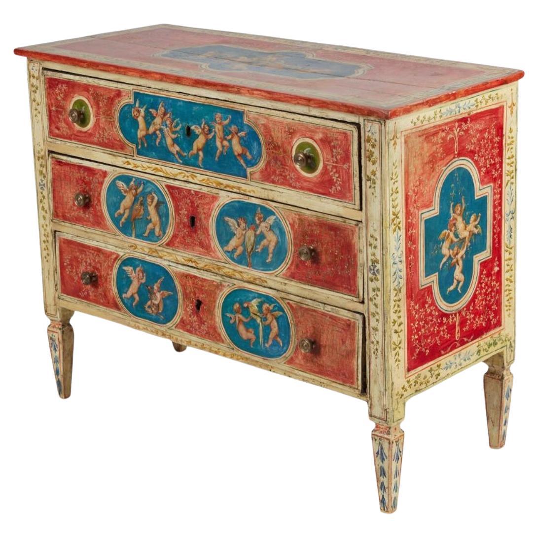 18th Century Italian Neoclassical Polychrome Decorated Commode For Sale