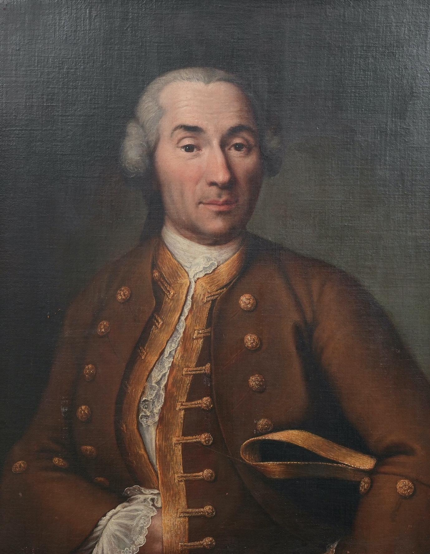 A handsome oil on canvas of an Italian nobleman c 1770. His droll expression is complemented by his galant powdered wig and three-cornered hat tucked under his left shoulder. The frame is possibly contemporaneous with the painting, and in any case