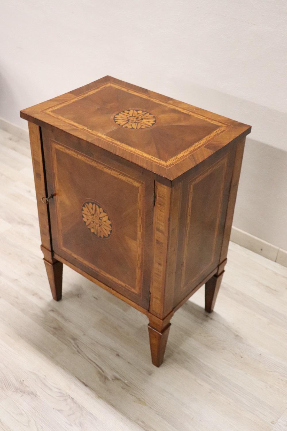 Important antique Italian Louis XVI large nightstand 1780s walnut wood. Inlaid decoration of geometric taste. On the front a large compartment available. In the 18th century only important families could afford to have furniture of this value. This