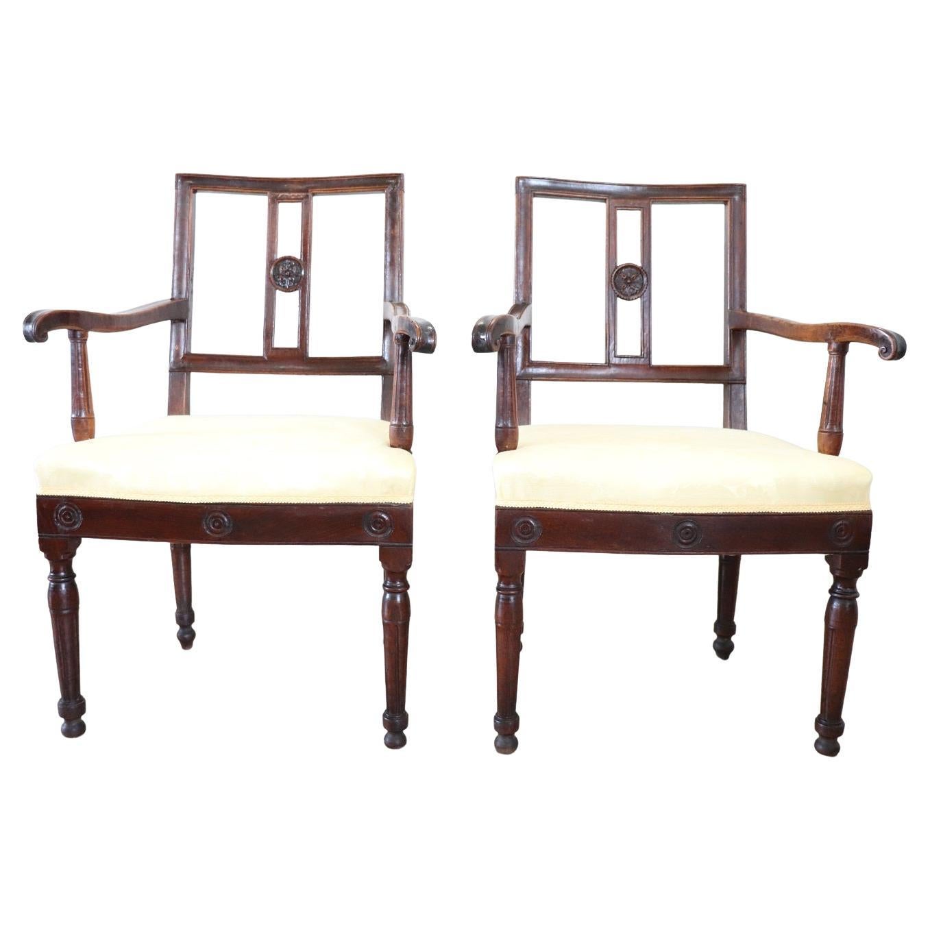 18th Century Italian of the Period Louis XVI Pair of Armchairs in Walnut