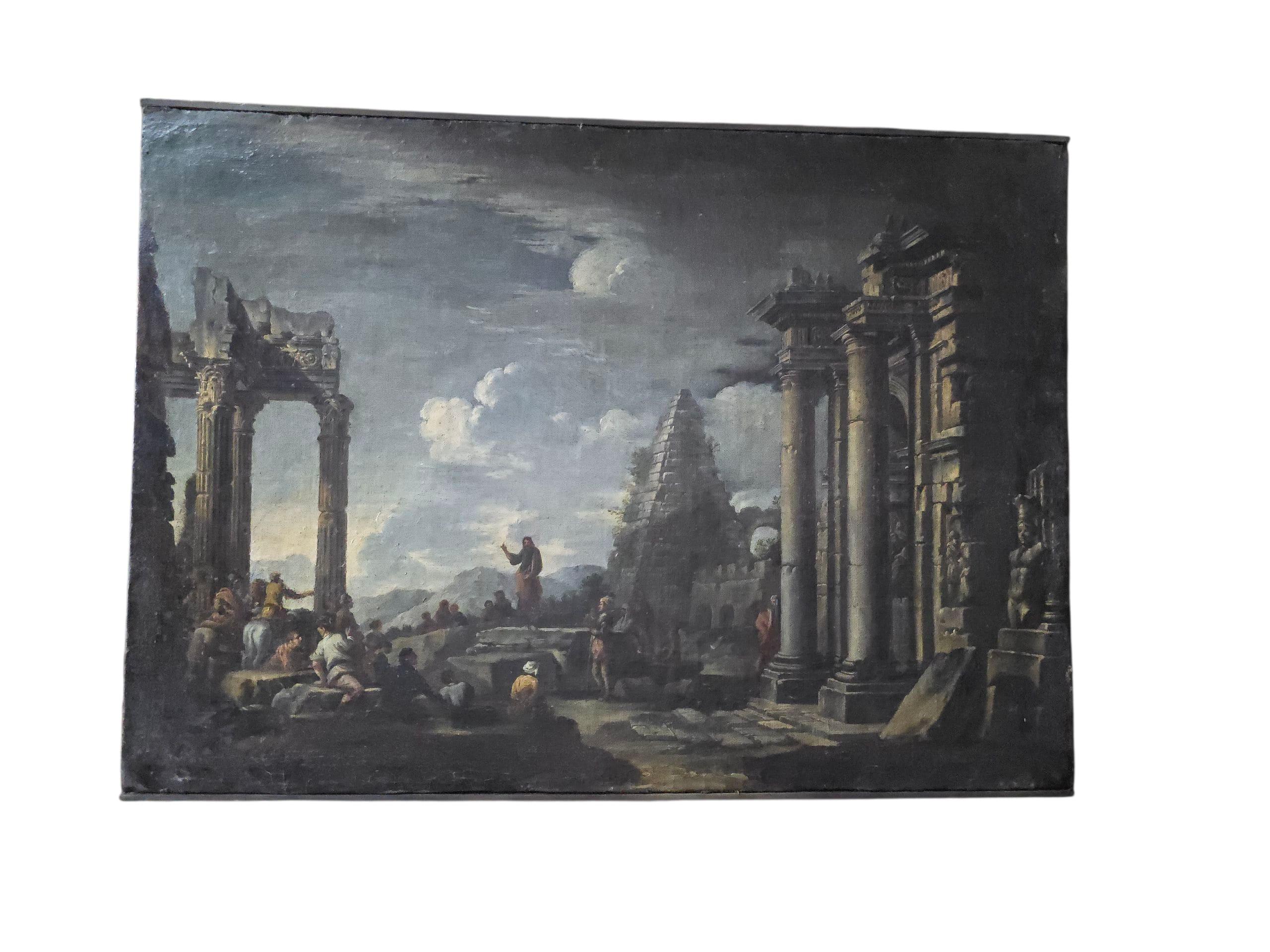 Hardwood 18th Century Italian Oil on Canvas Depicting Roman Ruins and Figures For Sale